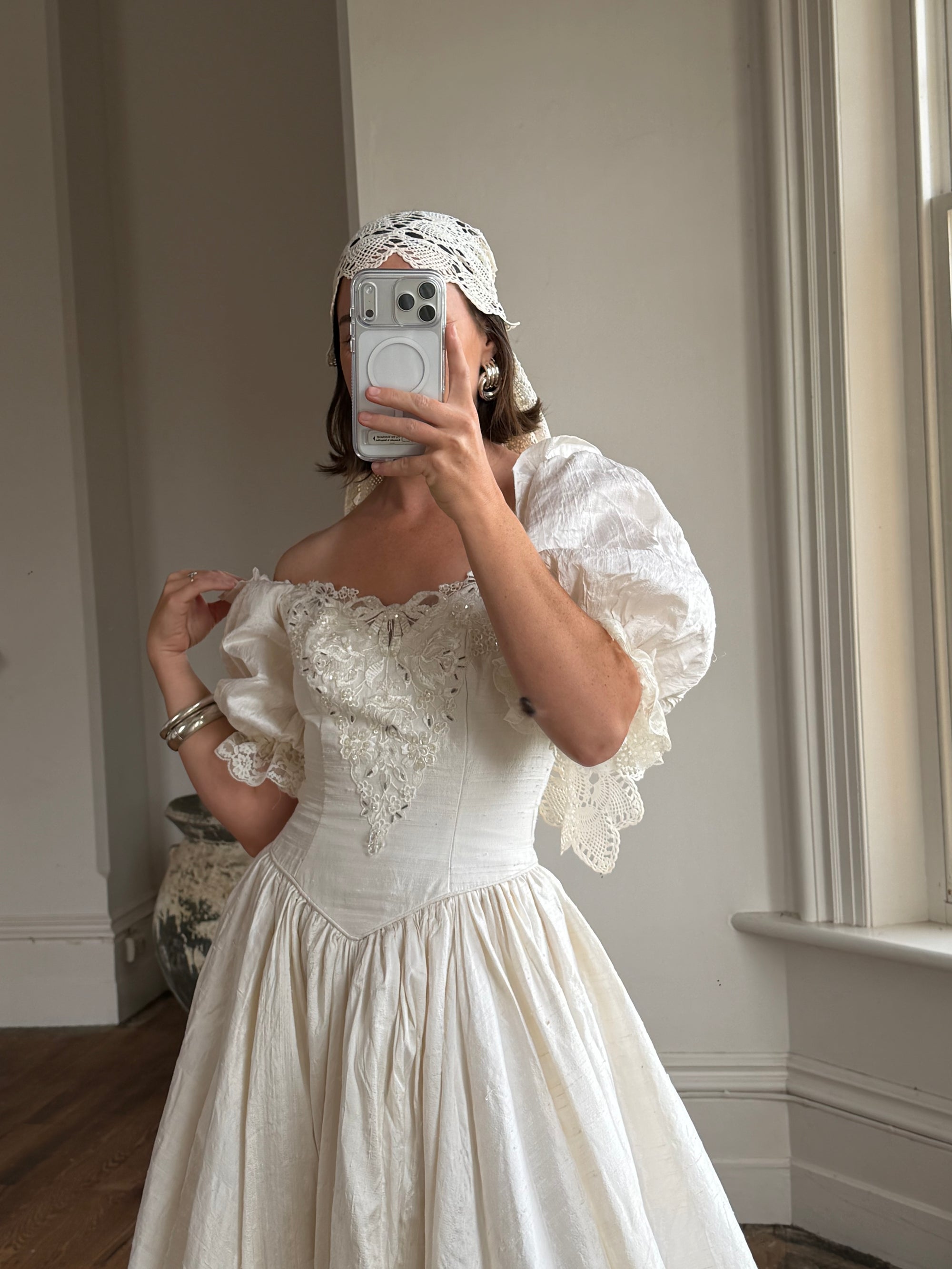 Vintage 90s Silk Puff Sleeve Embroidered Wedding Dress