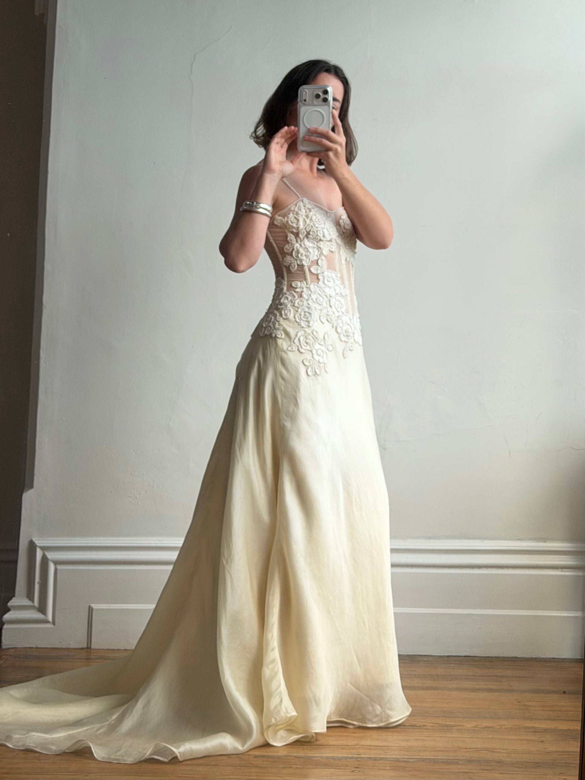 Vintage 90s Italian Nude Floral Beaded Silk Organza Wedding Gown