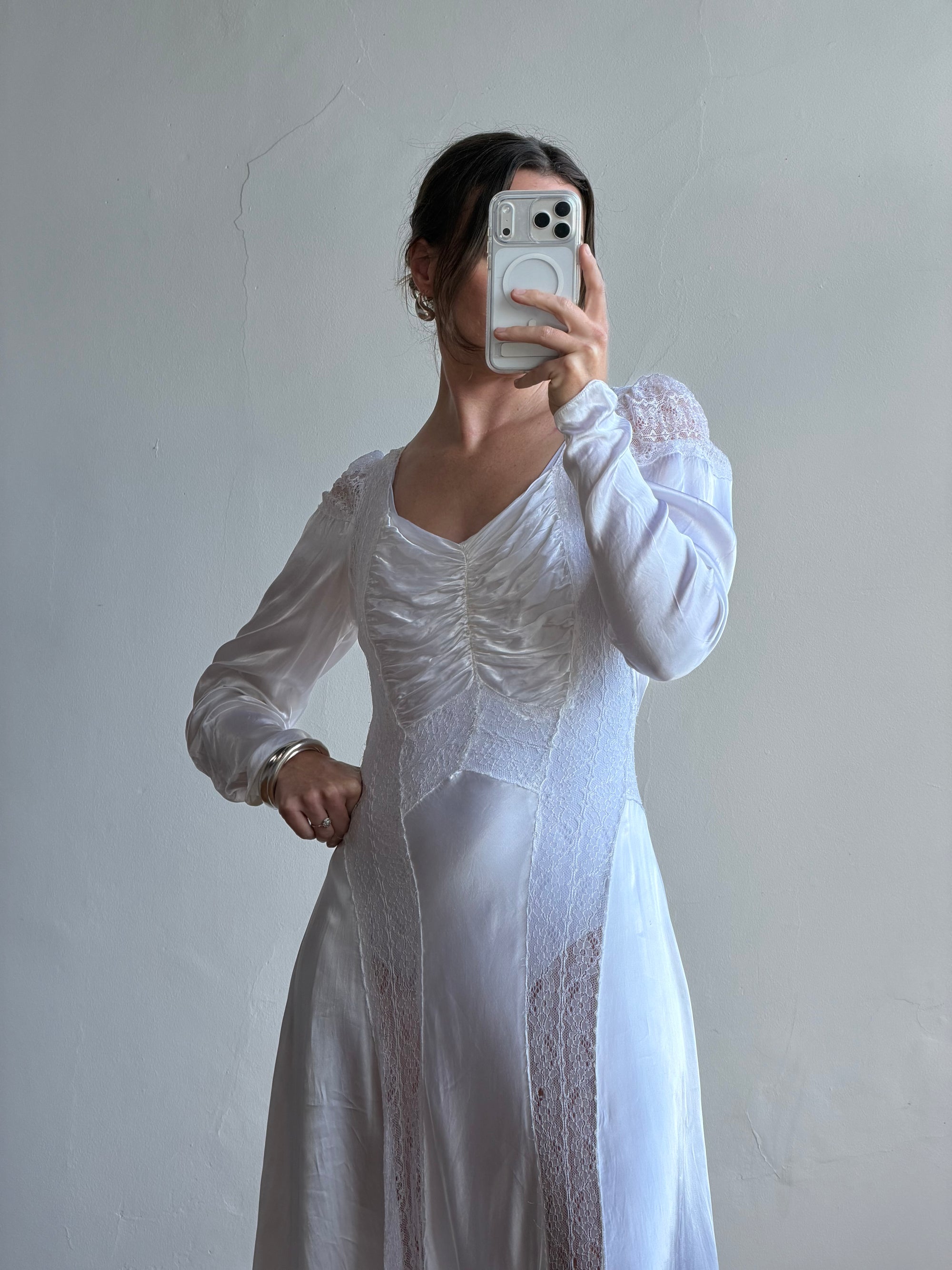 Vintage 40s Liquid Silk Satin Sheer Lace Wedding Gown