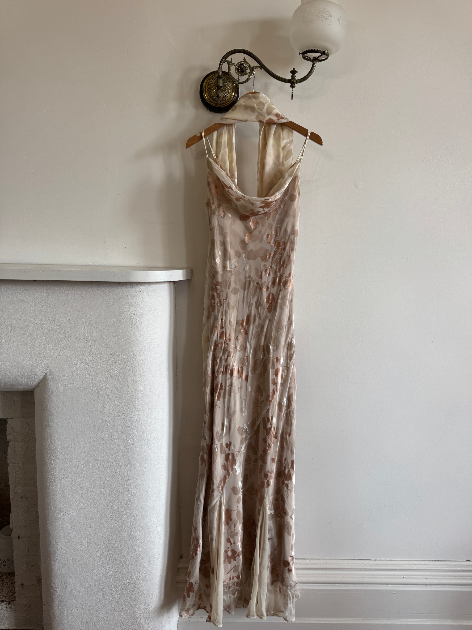 Vintage 90s Bias Cut Cowl Neck Nude Burnt Velvet with Scarf