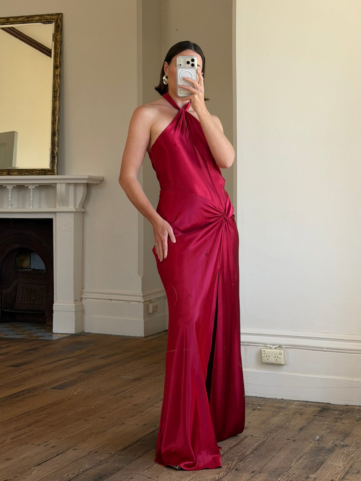 Vintage 90s Crimson Satin Ruched Bias Gown