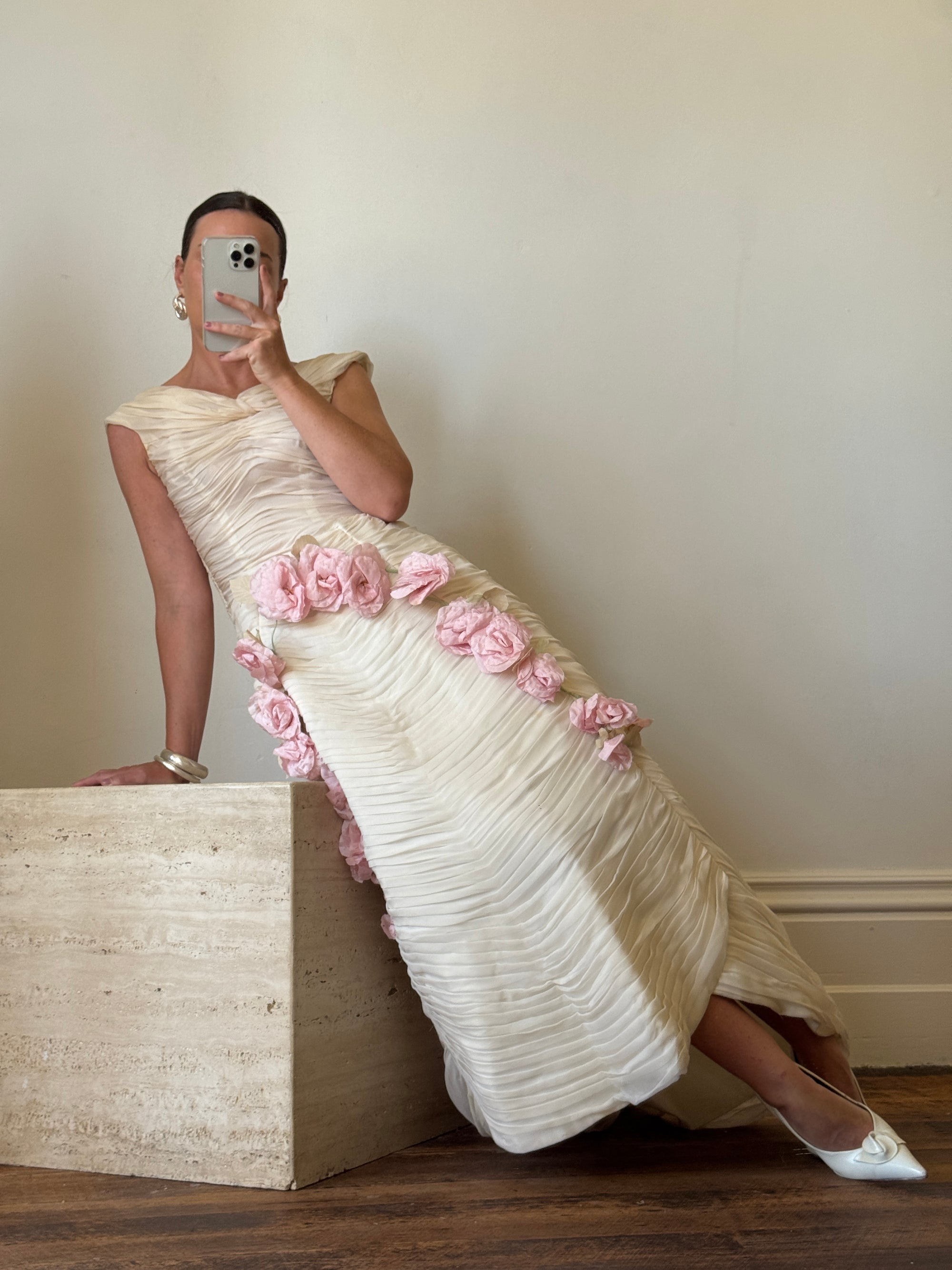 Vintage 60s Silk Pleated Wedding Gown with Pink Flowers