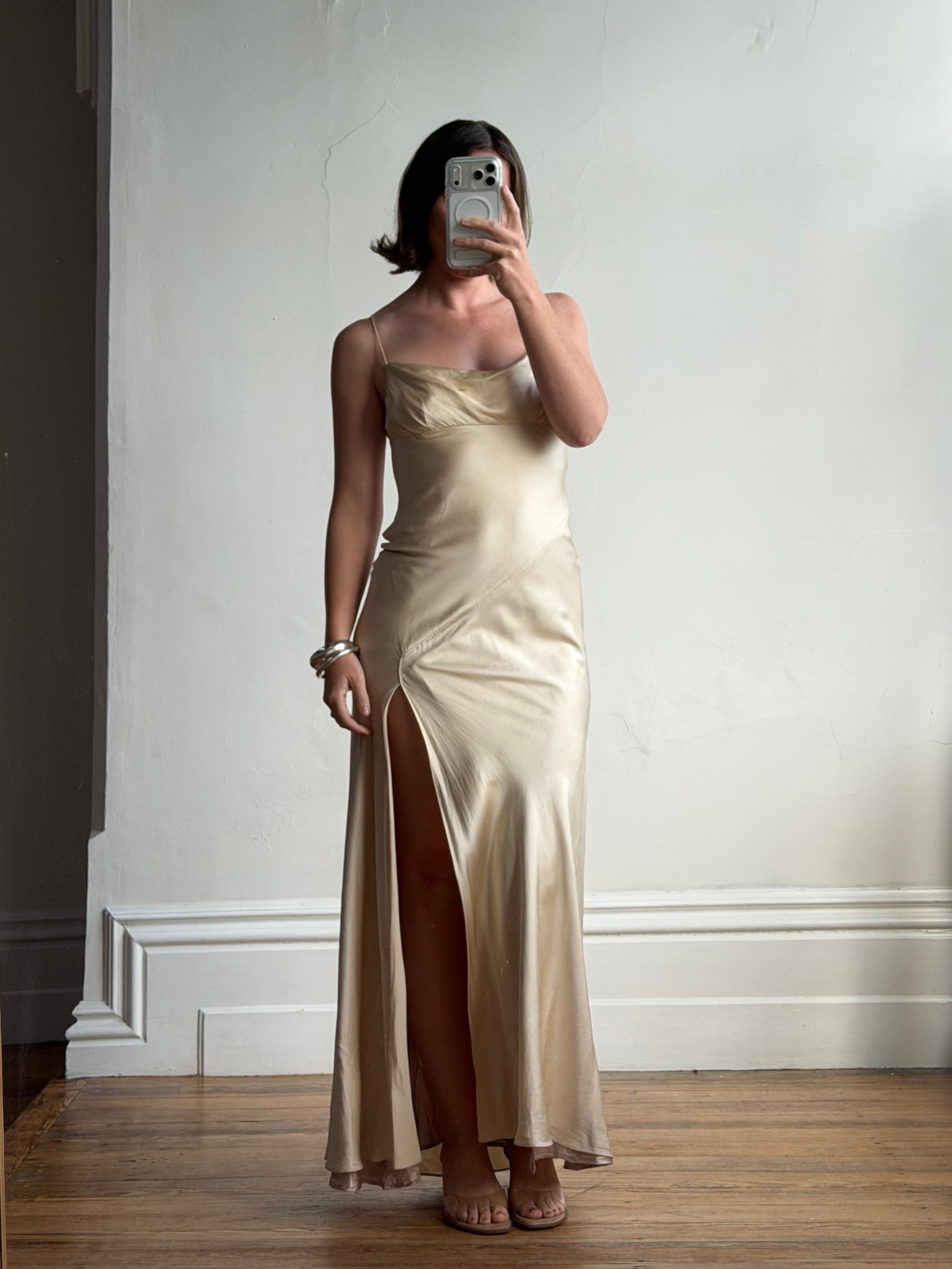 Vintage 90s Pure Silk Bias Cut Split Gown Champagne