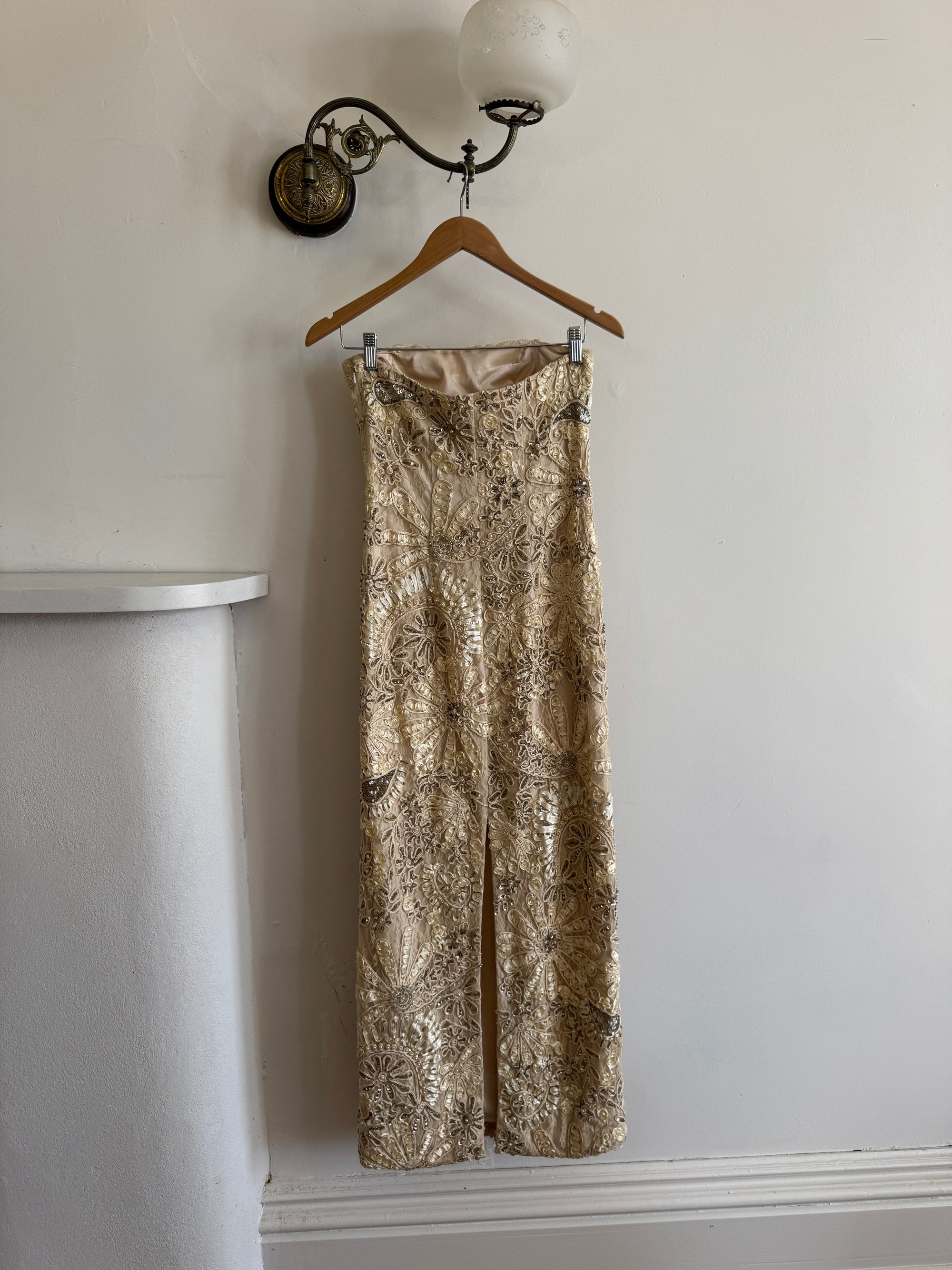 Vintage 90s Strapless Cream Ribbon Bead Embroidered Midi