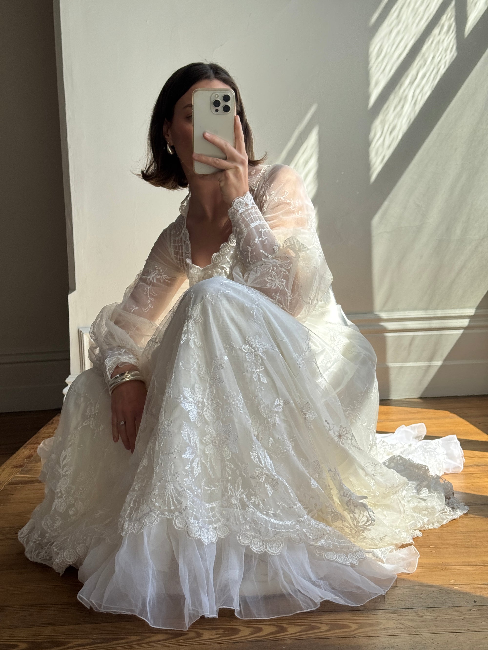 Vintage 70s Embroidered Prairie Long Sleeved Wedding Gown