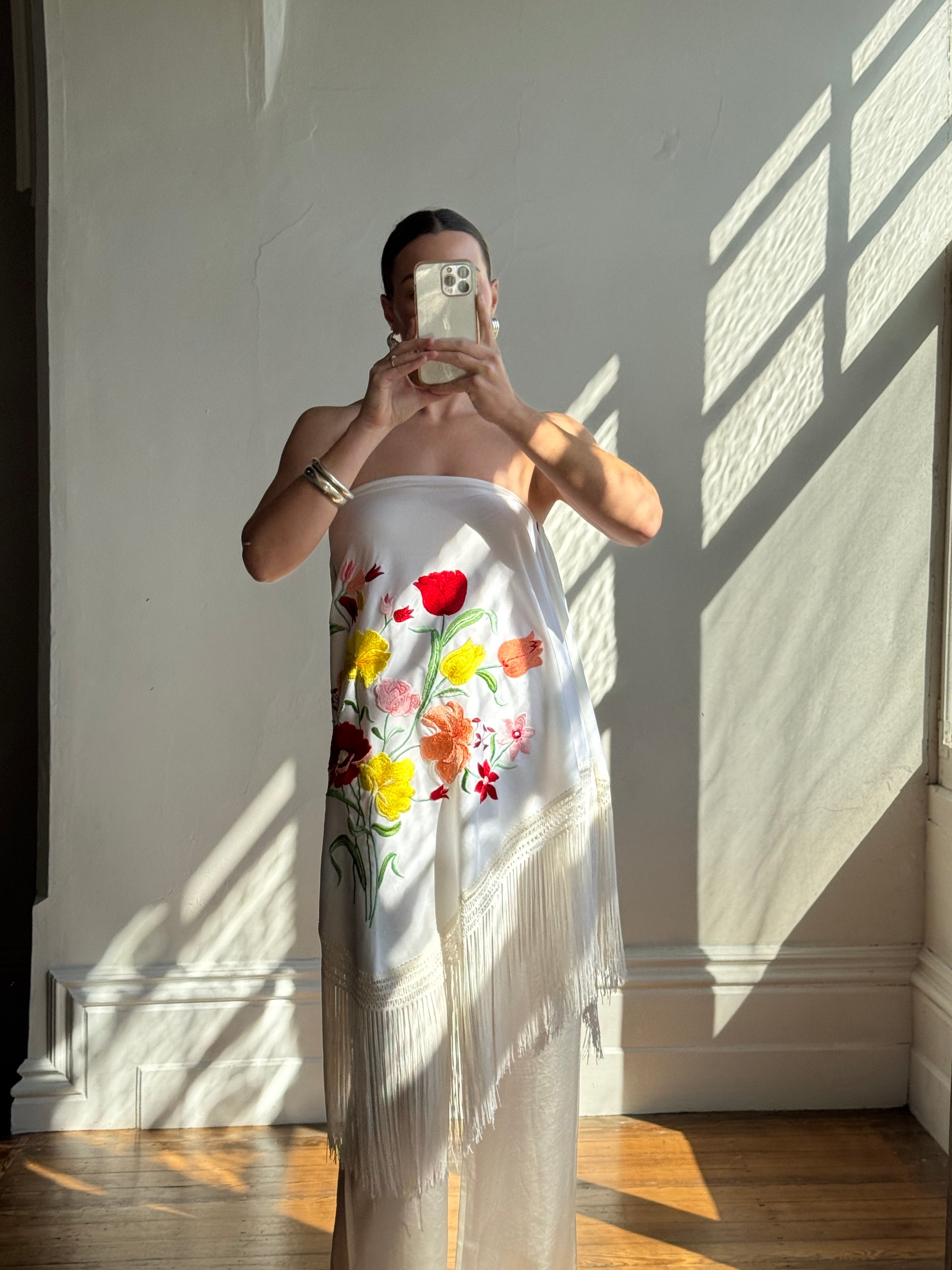 Vintage Embroidered Large Spanish Flamenco Scarf White