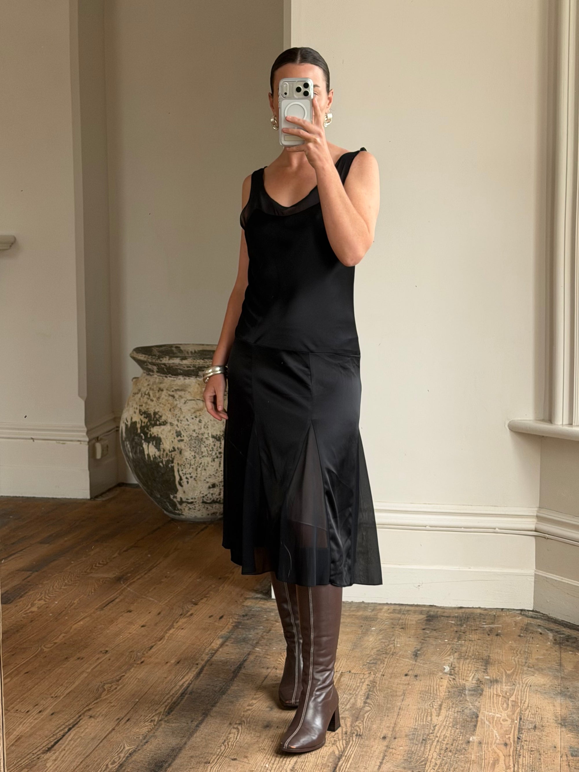 Vintage 90s Satin Drop Waist Midi Dress Noir