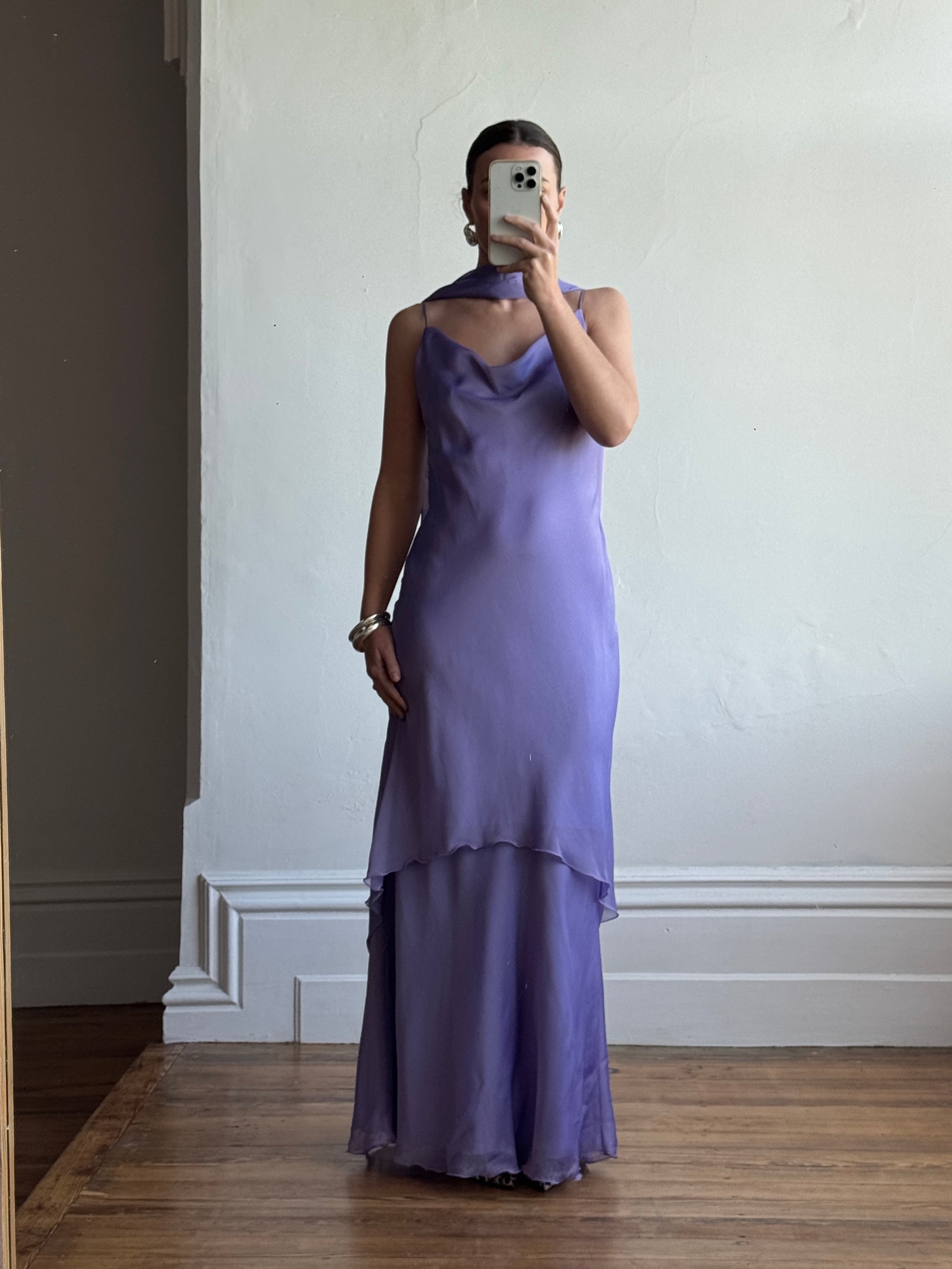 Vintage 90s Lilac Cowl Tiered Slip Dress with Scarf