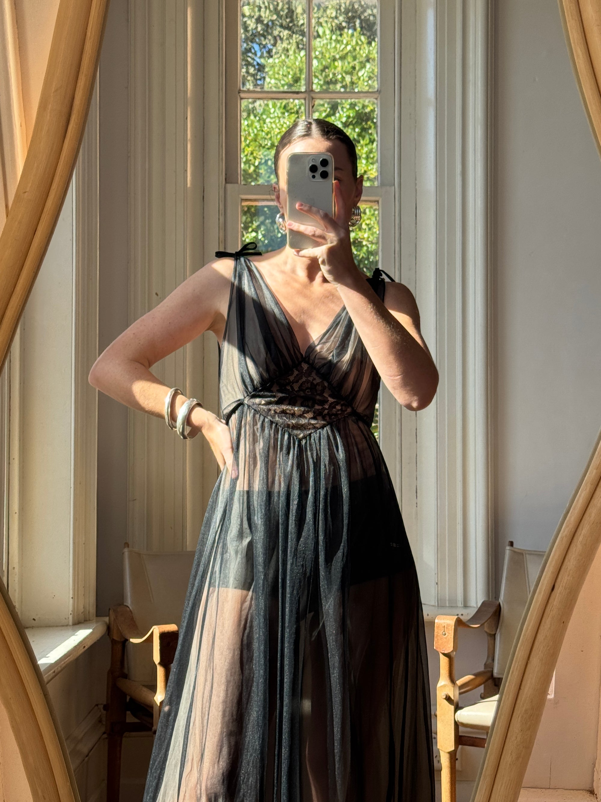 Vintage 60s Noir and Nude Chiffon V Slip Dress