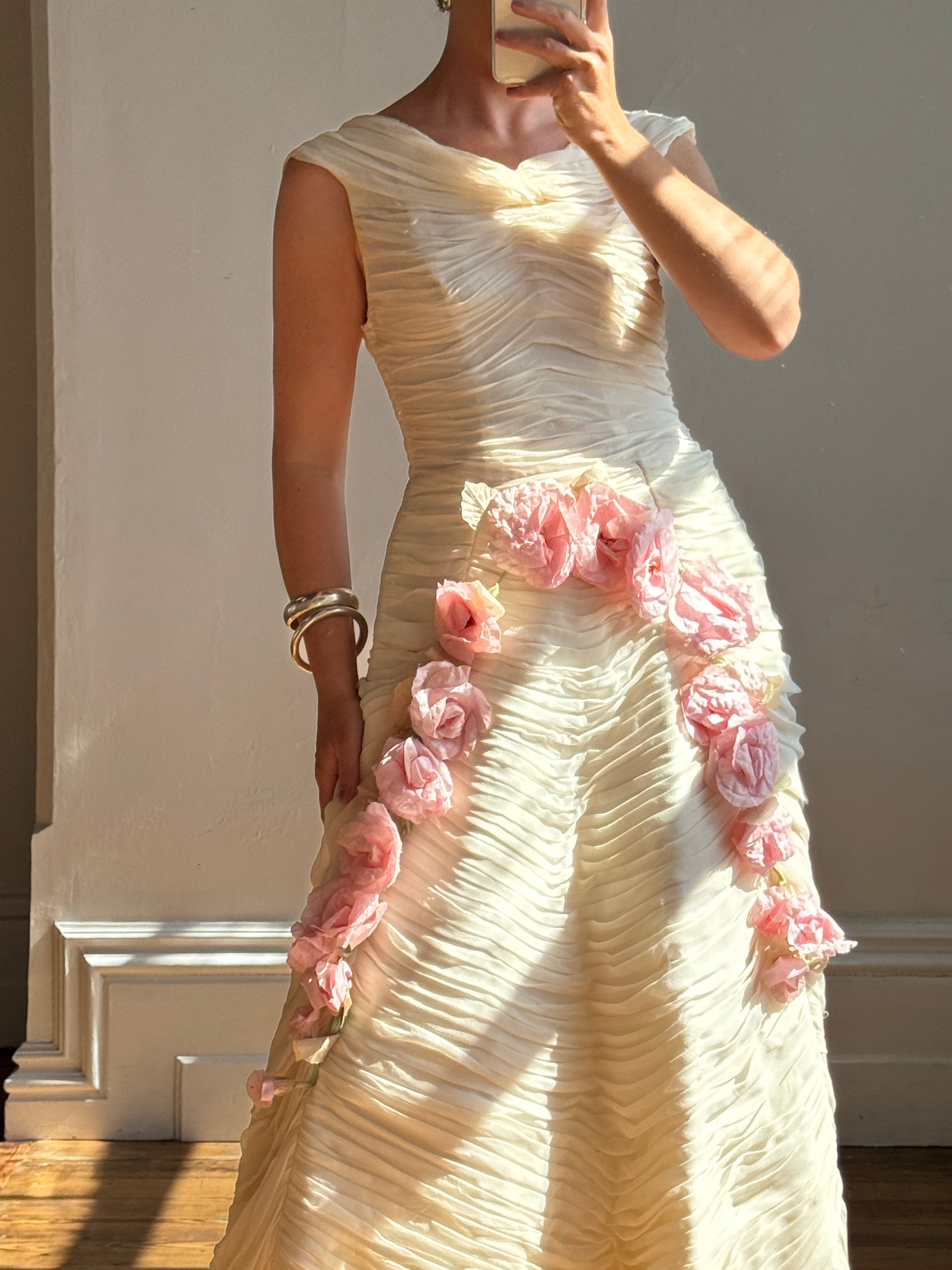 Vintage 60s Silk Pleated Wedding Gown with Pink Flowers