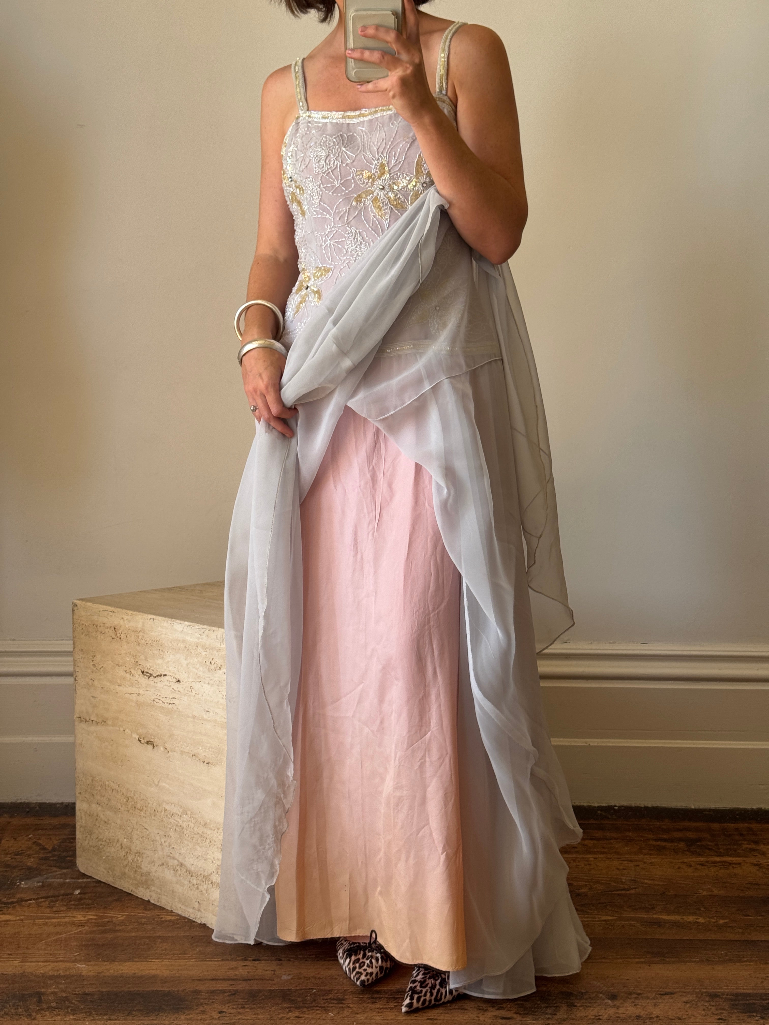 Vintage 70s Drop Waist Beaded Dress Sunrise Lilac