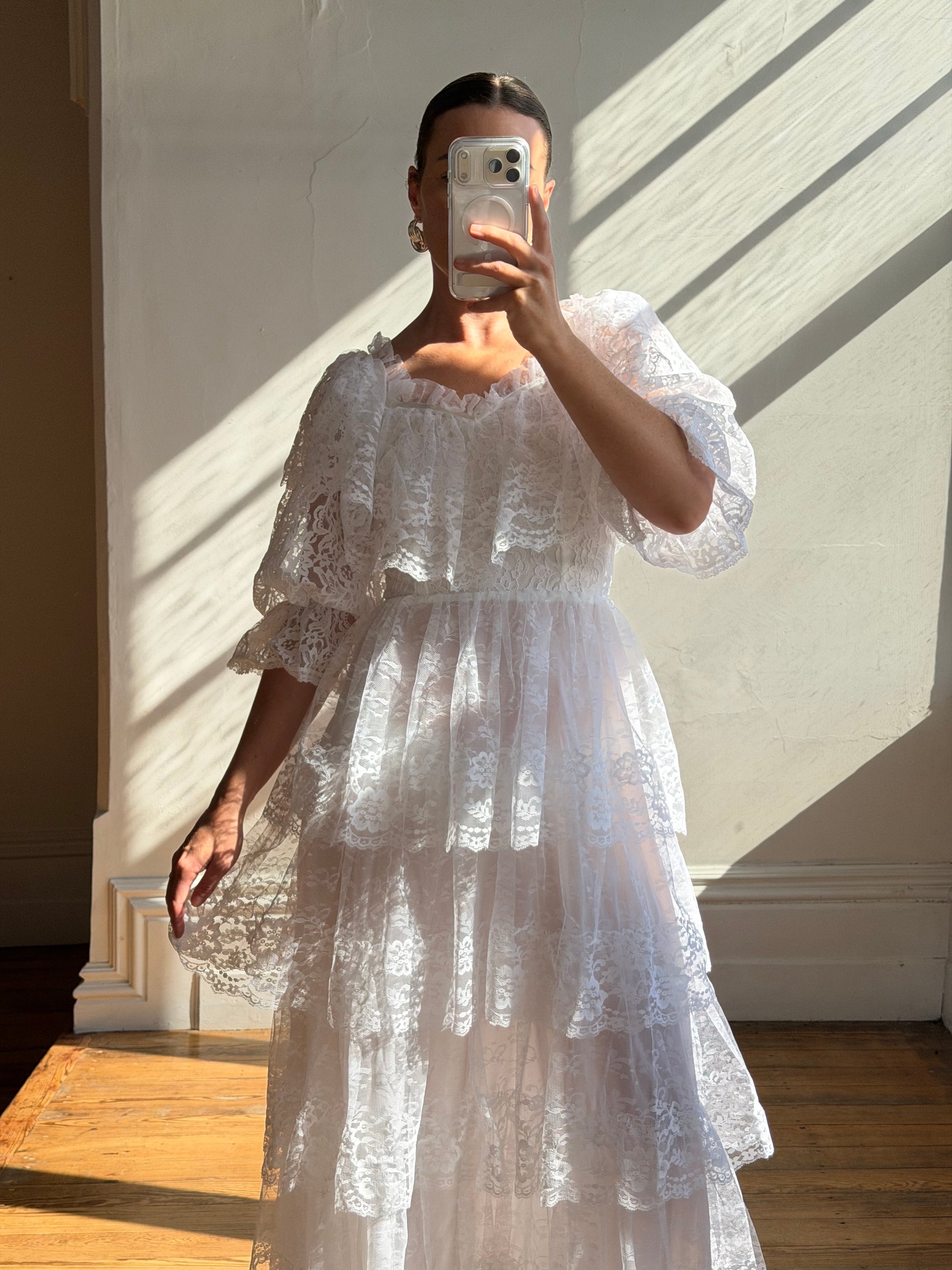Vintage 70s Tiered Lace Wedding Dress Crisp White