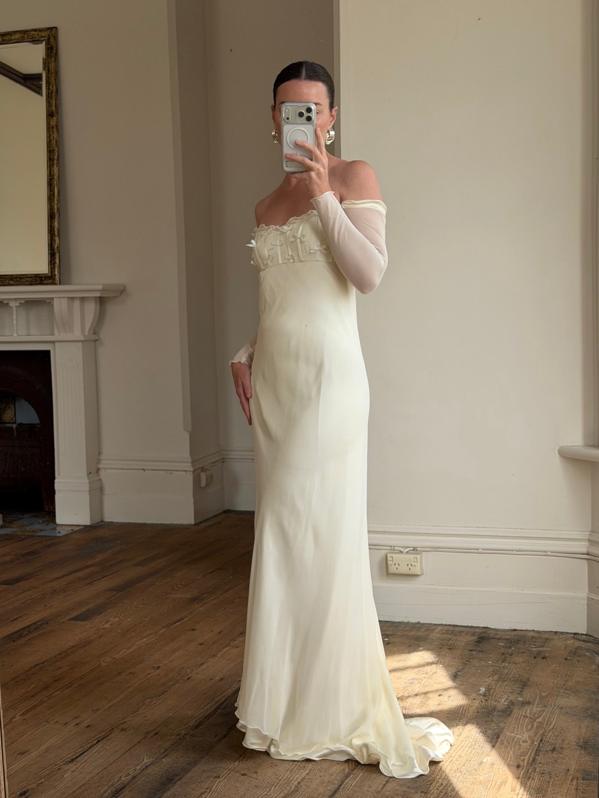 Vintage 90s Pure Silk Chiffon Empire Bow Off Shoulder Wedding Dress