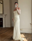 Vintage 90s Pure Silk Chiffon Empire Bow Off Shoulder Wedding Dress