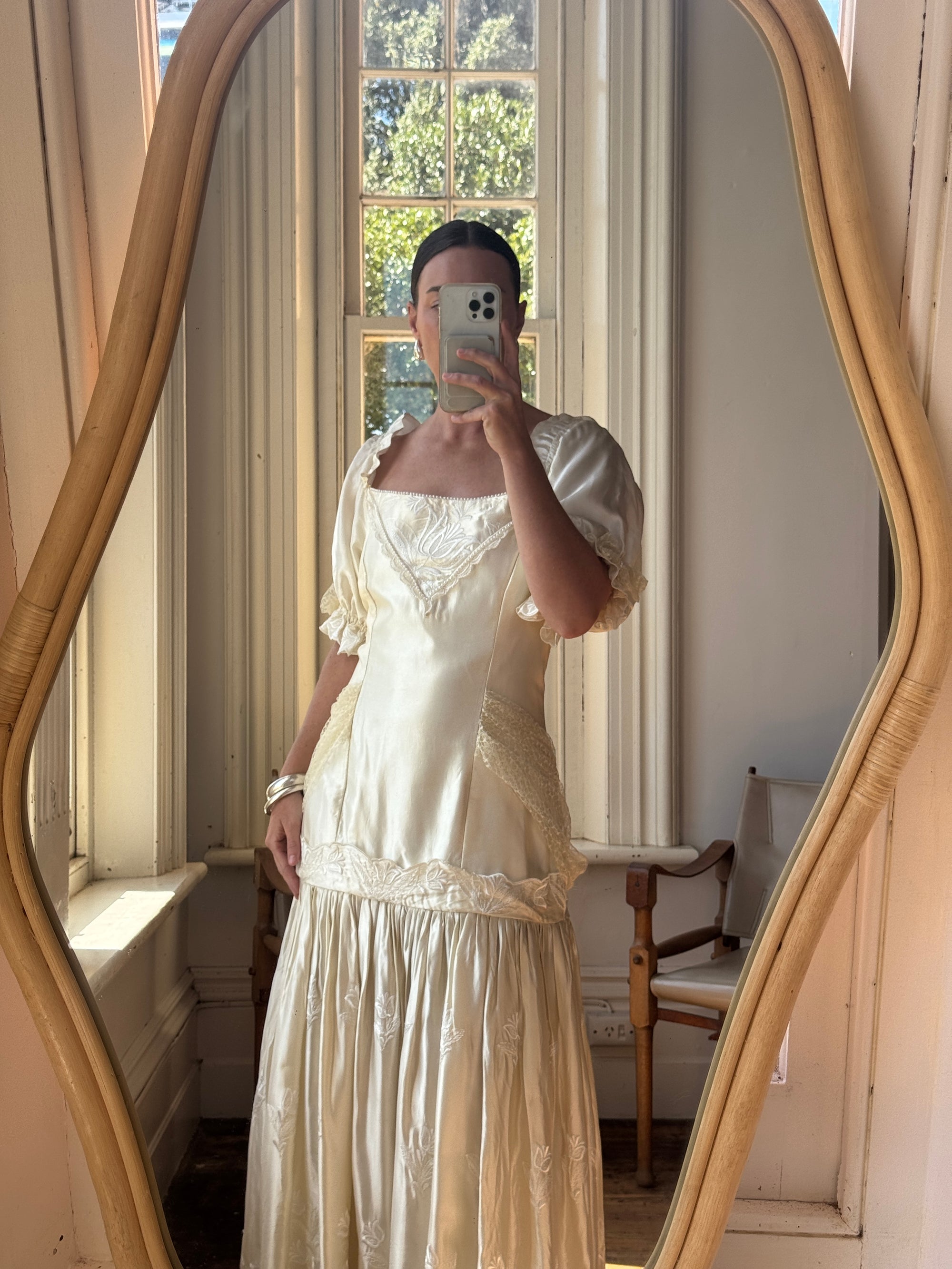 Vintage 80s Drop Waist Satin Jacquard Wedding Dress Call Me The Breeze Vintage 80s Drop Waist Satin Jacquard Wedding Dress Call Me The Breeze