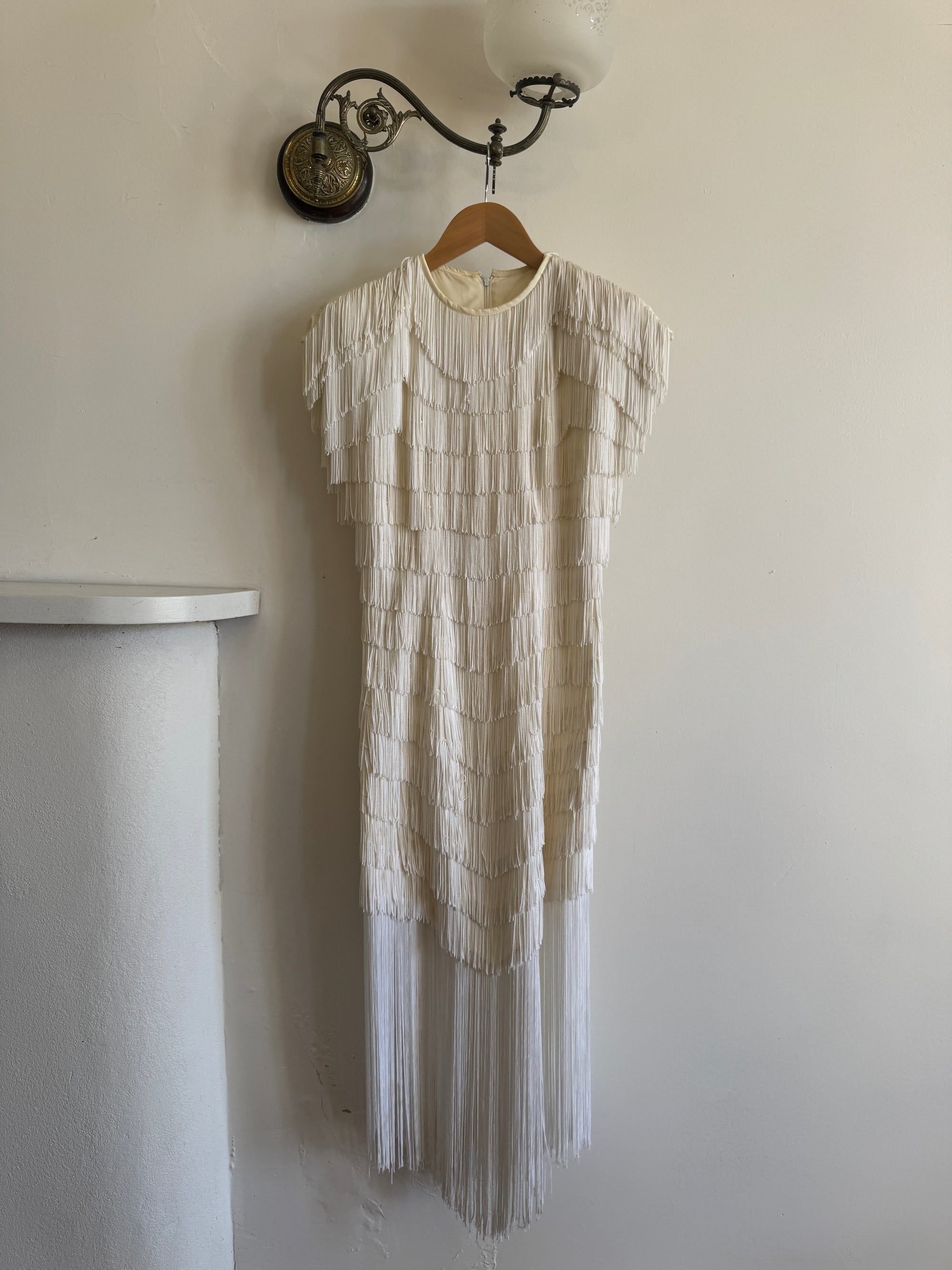 Vintage 80s Fringed Mini Party Dress Ivory