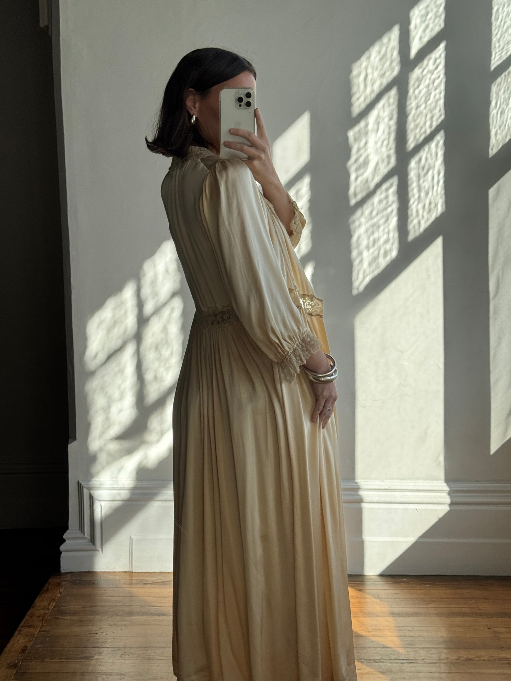 Vintage 70s Pure Silk Peignoir and Slip Butterscotch