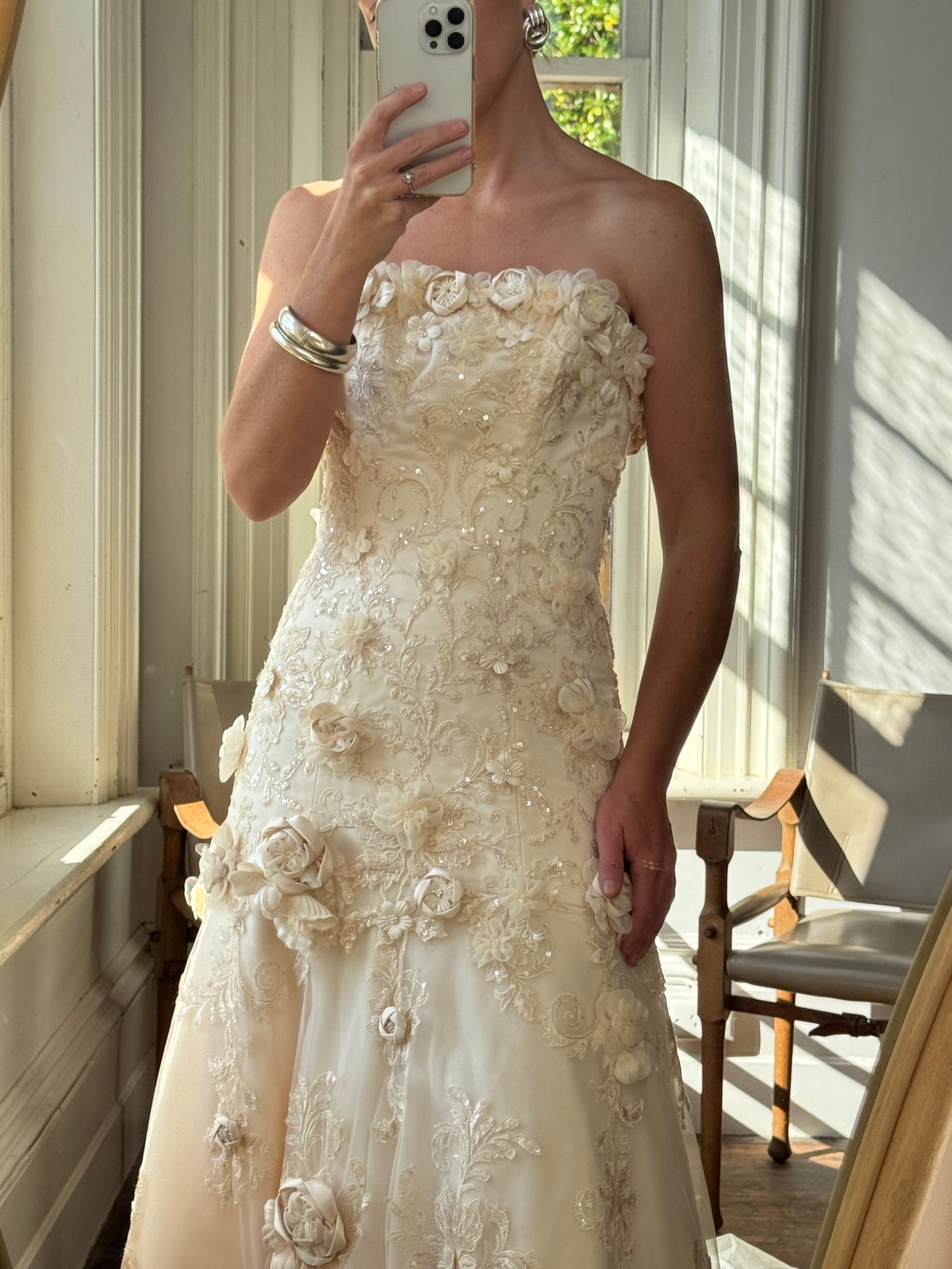 Vintage 90s Haute Couture 3D Floral Strapless Wedding Gown