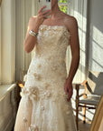 Vintage 90s Haute Couture 3D Floral Strapless Wedding Gown