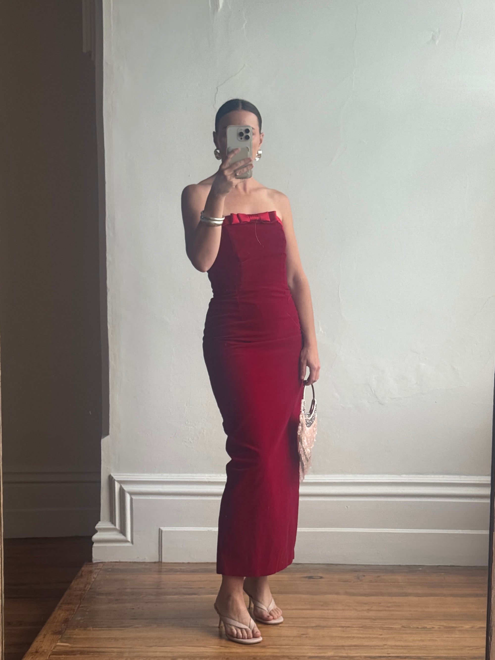 Vintage 90s Red Velvet Strapless Midi Dress with Bow