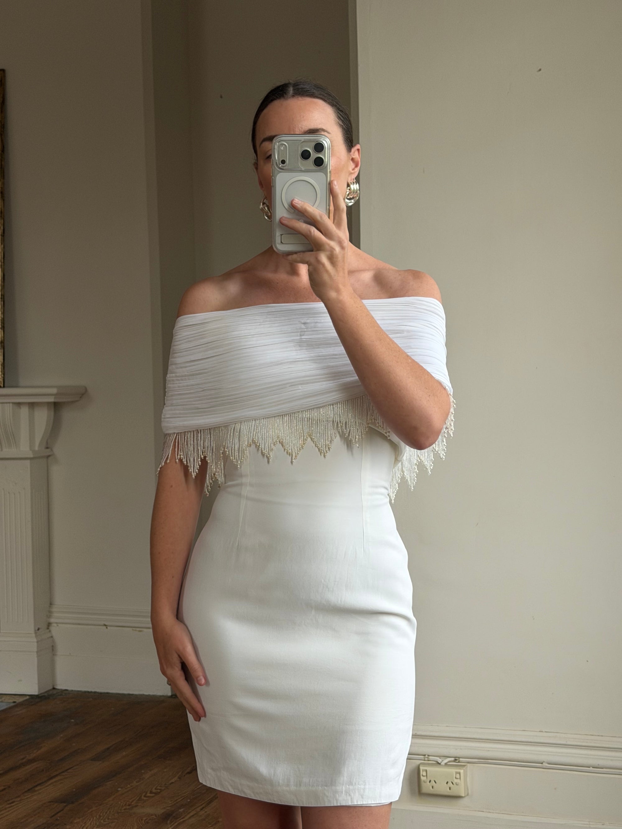 Vintage 90s White Pleated Beaded Fringe Mini Dress