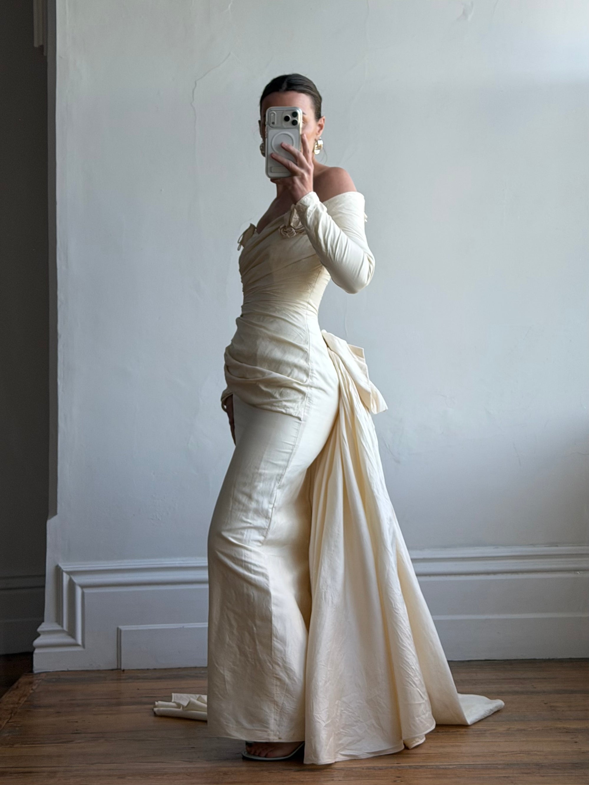 Vintage 90s Silk Rosette Off Shoulder Gown With Bow Train