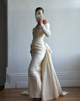 Vintage 90s Silk Rosette Off Shoulder Gown With Bow Train