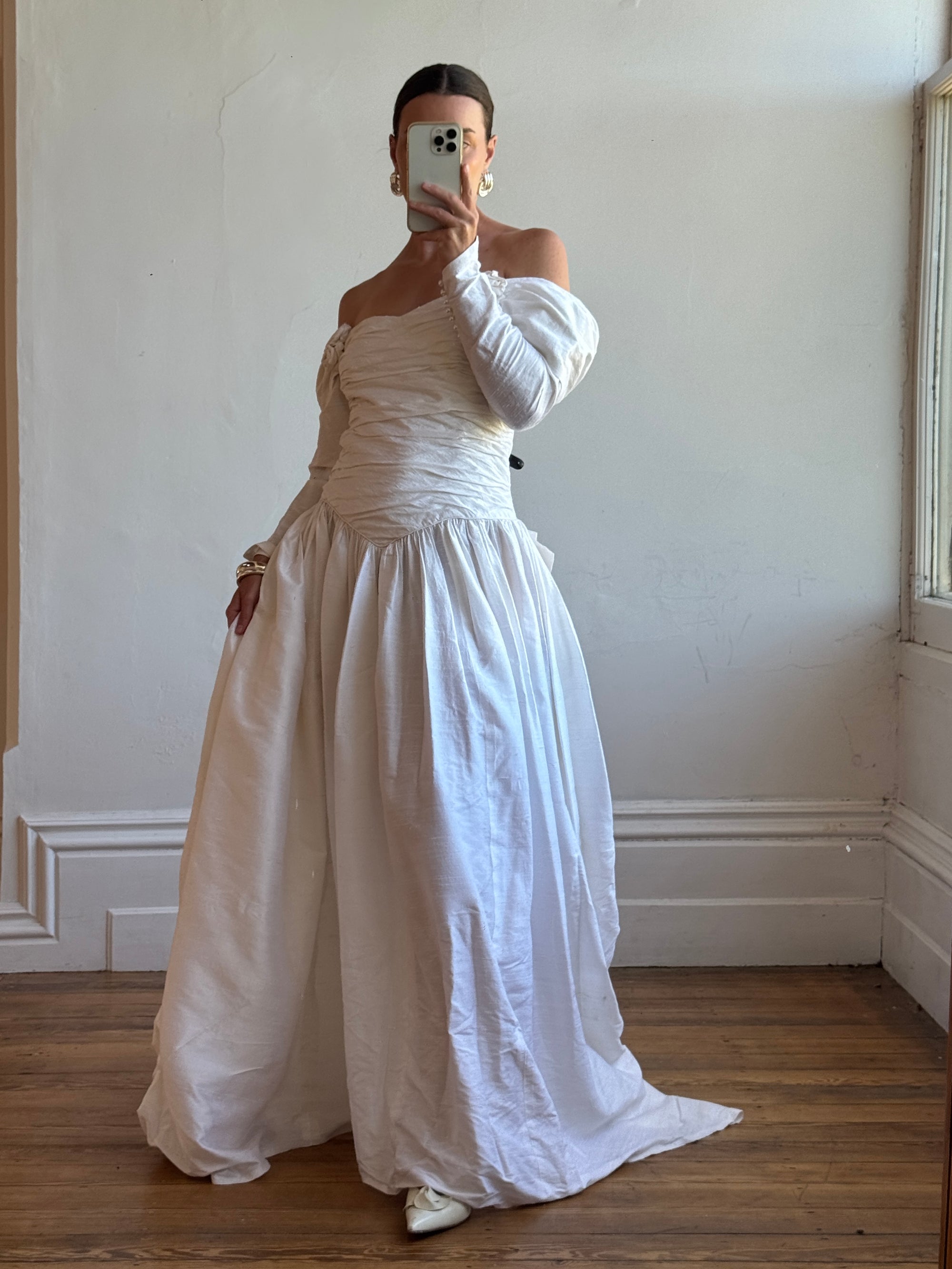 Vintage 90s Pure Silk Rosette Off Shoulder Wedding Gown