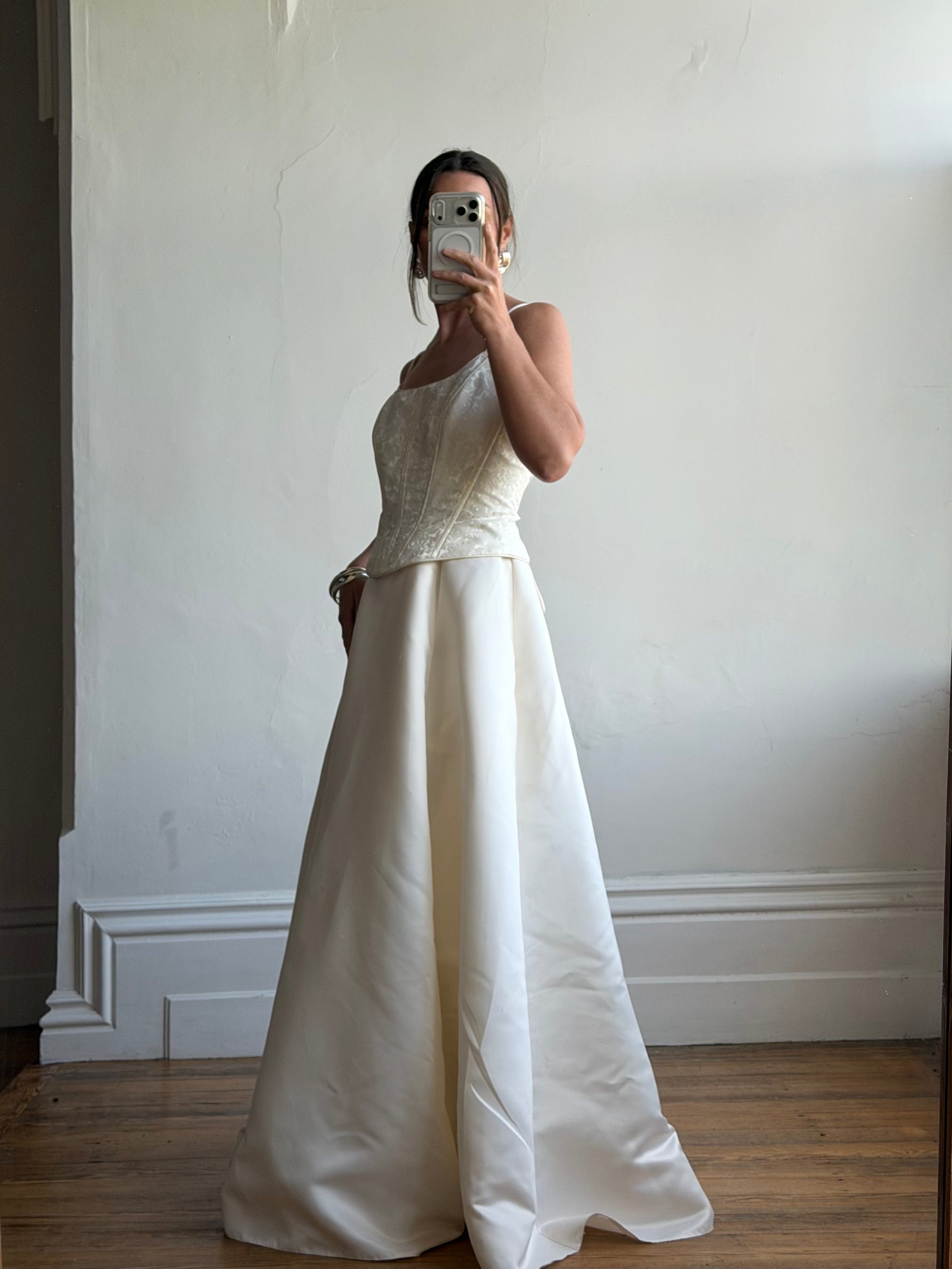 Vintage 90s Brocade Corset Satin Bridal Gown Champagne