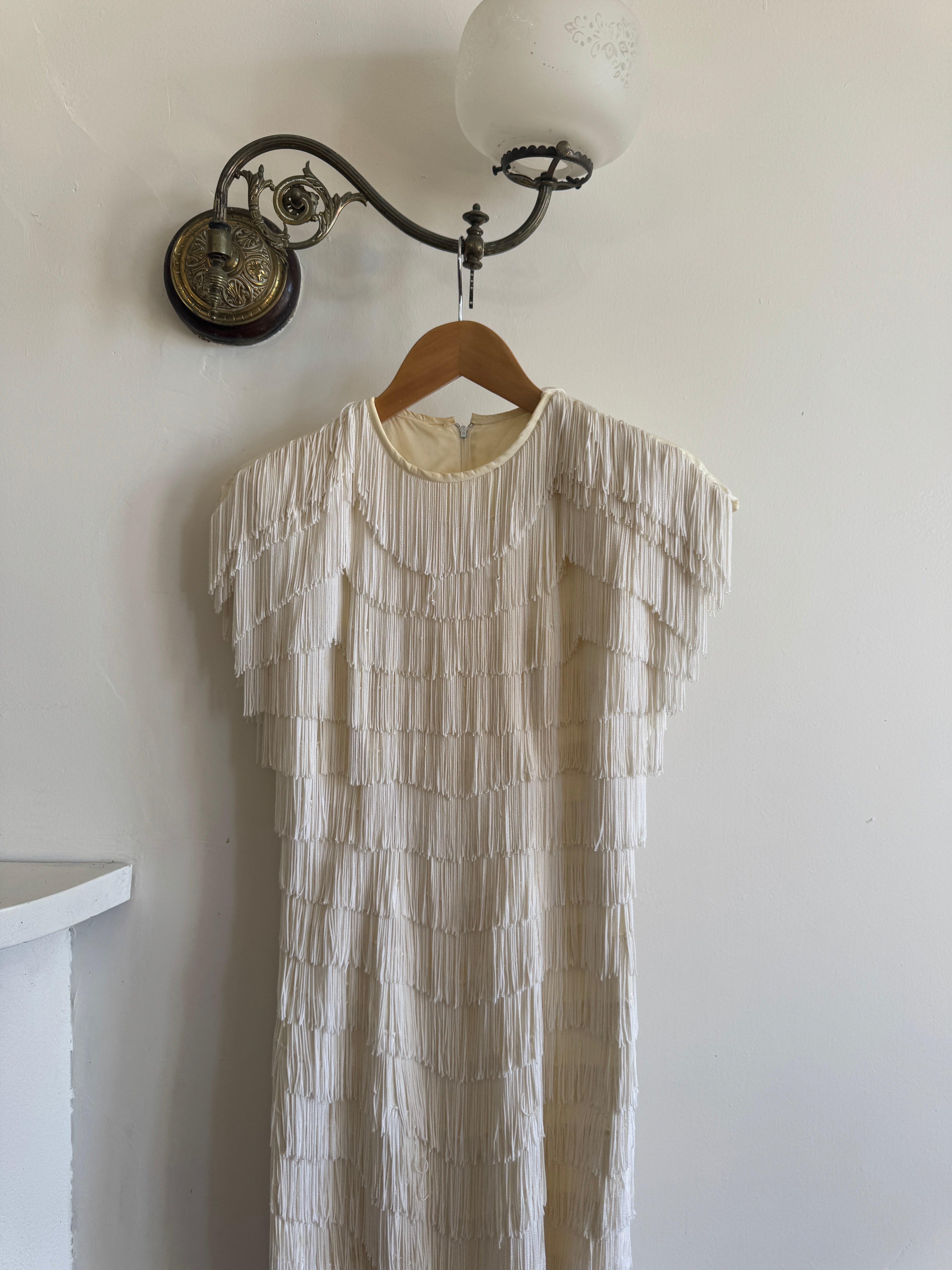 Vintage 80s Fringed Mini Party Dress Ivory