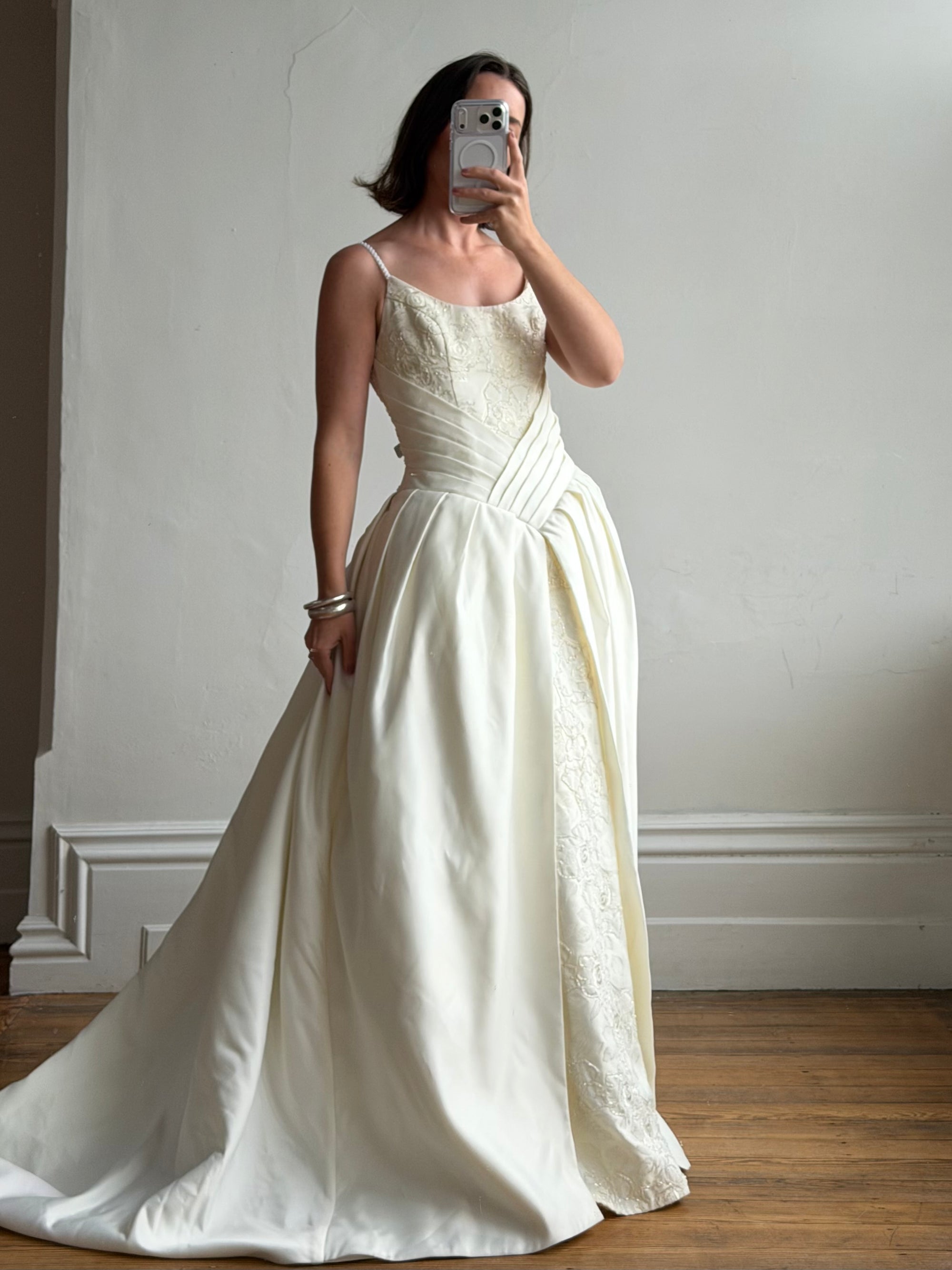 Vintage 90s Pleated Jacquard Satin Wedding Gown