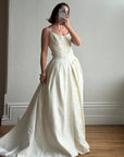 Vintage 90s Pleated Jacquard Satin Wedding Gown