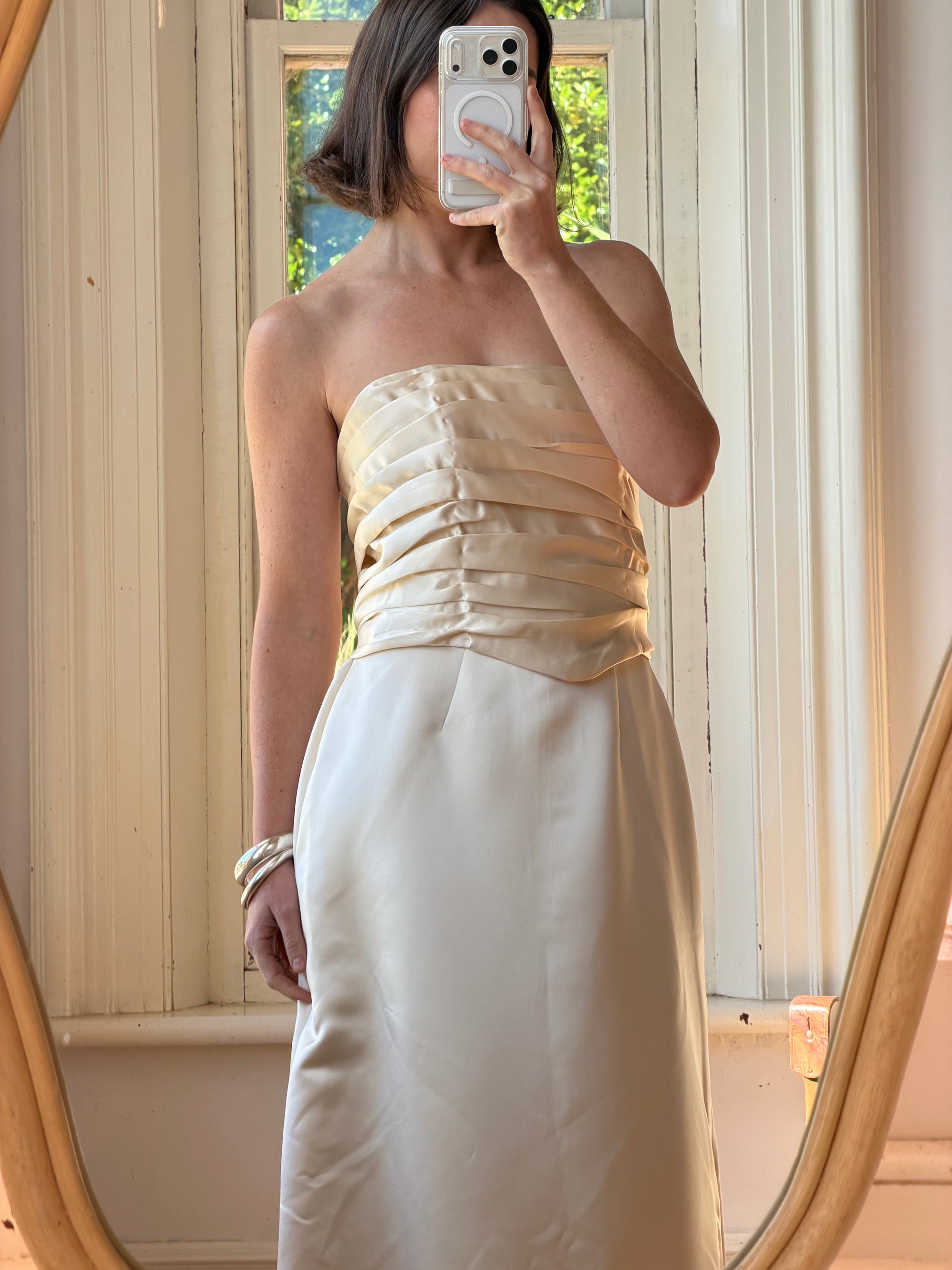 Vintage 90s Ruched Satin Two Piece Bridal Set Champagne