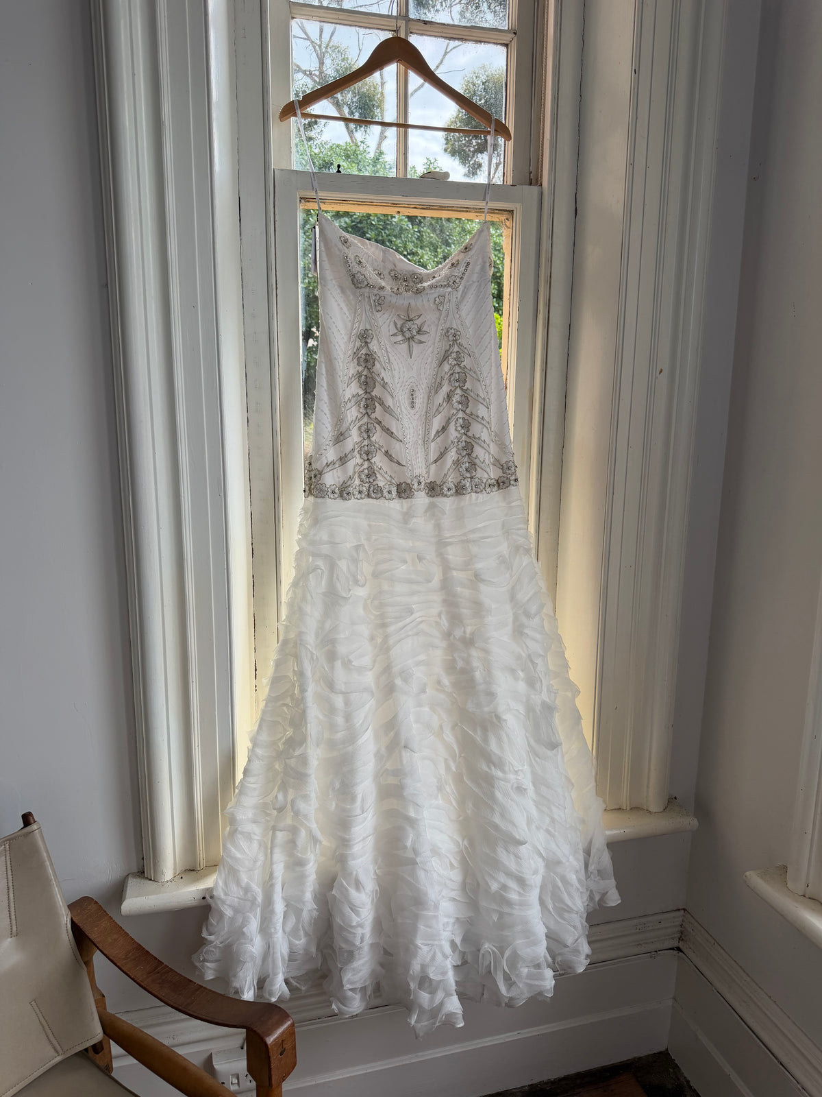 Vintage 90s Strapless Embellished Ruffled Wedding Gown