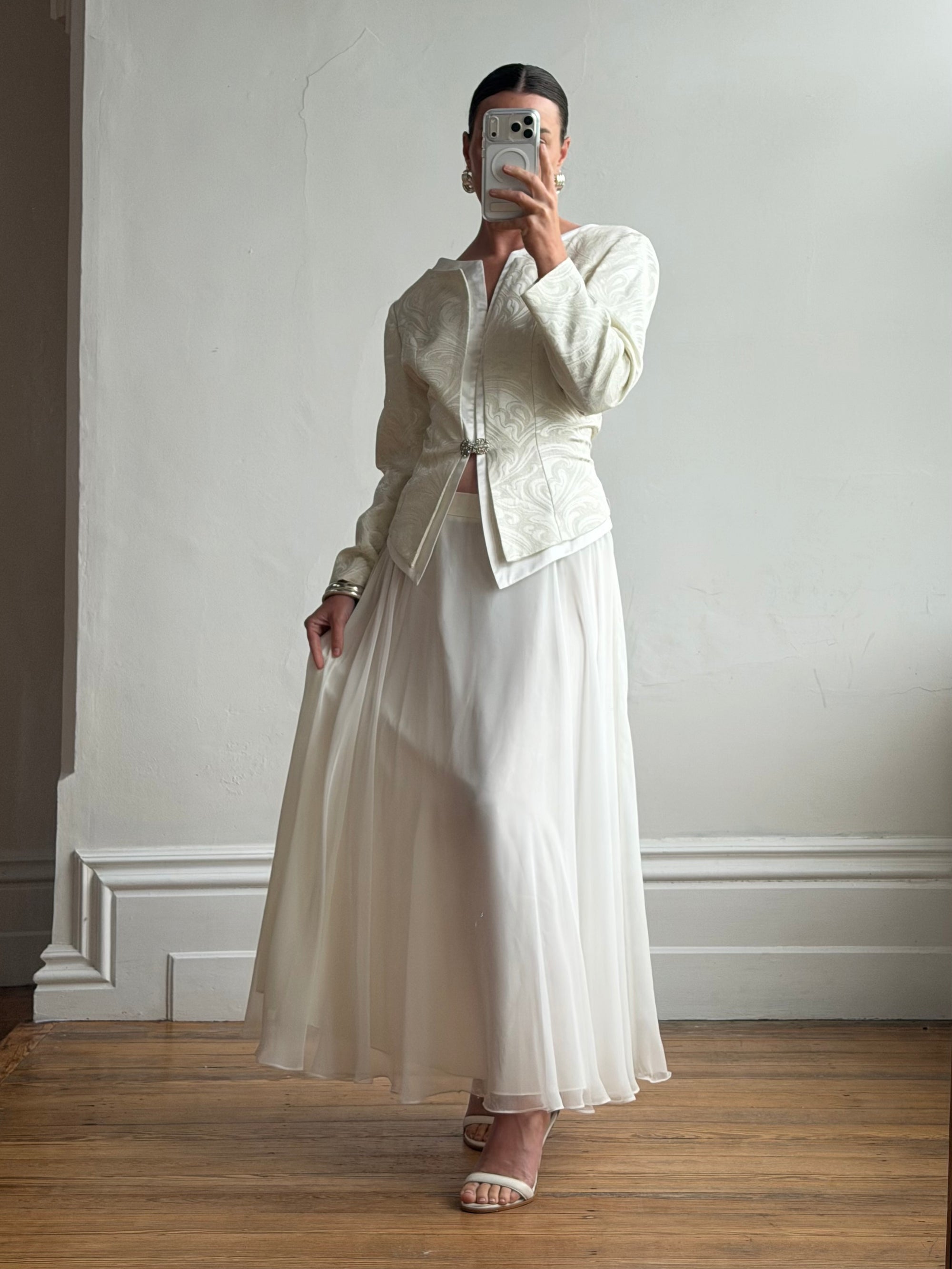 Vintage 90s Jacquard Rhinestone Jacket and Chiffon Bridal Skirt Set