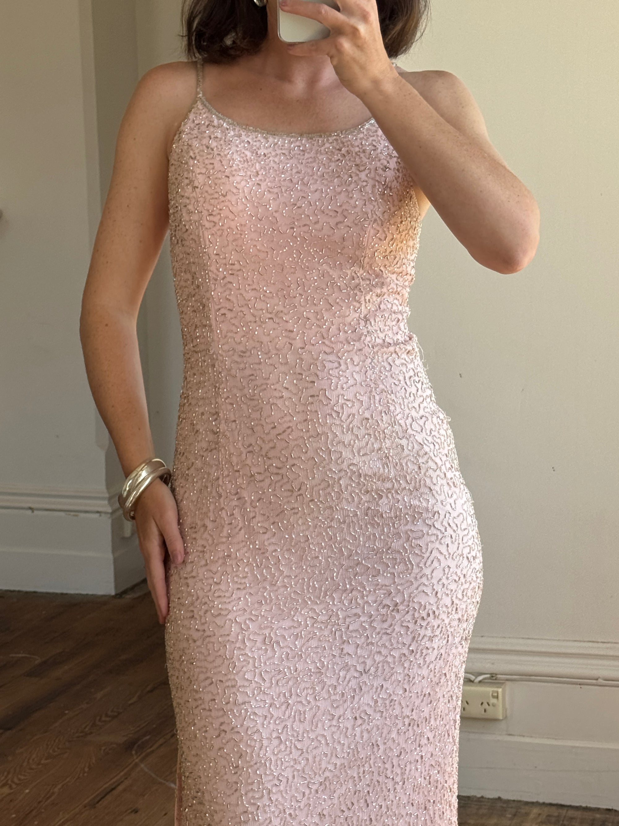 Vintage 90s Beaded Silk Party Dress Blush