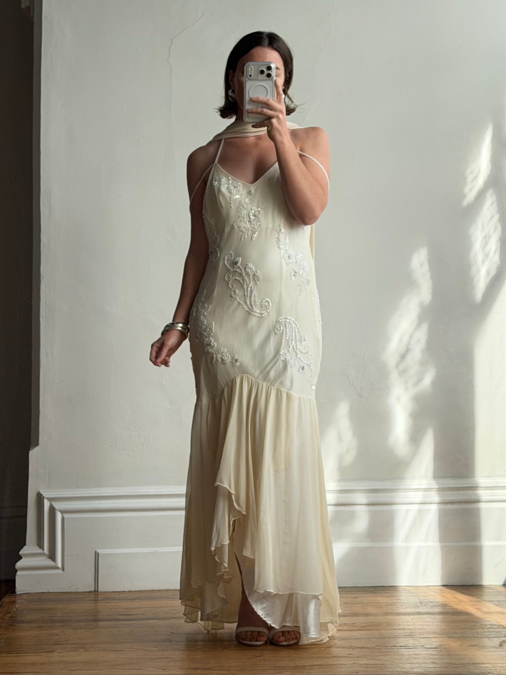 Vintage 90s Pure Silk Embellished Midi Dress With Scarf Creme