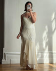 Vintage 90s Pure Silk Embellished Midi Dress With Scarf Creme
