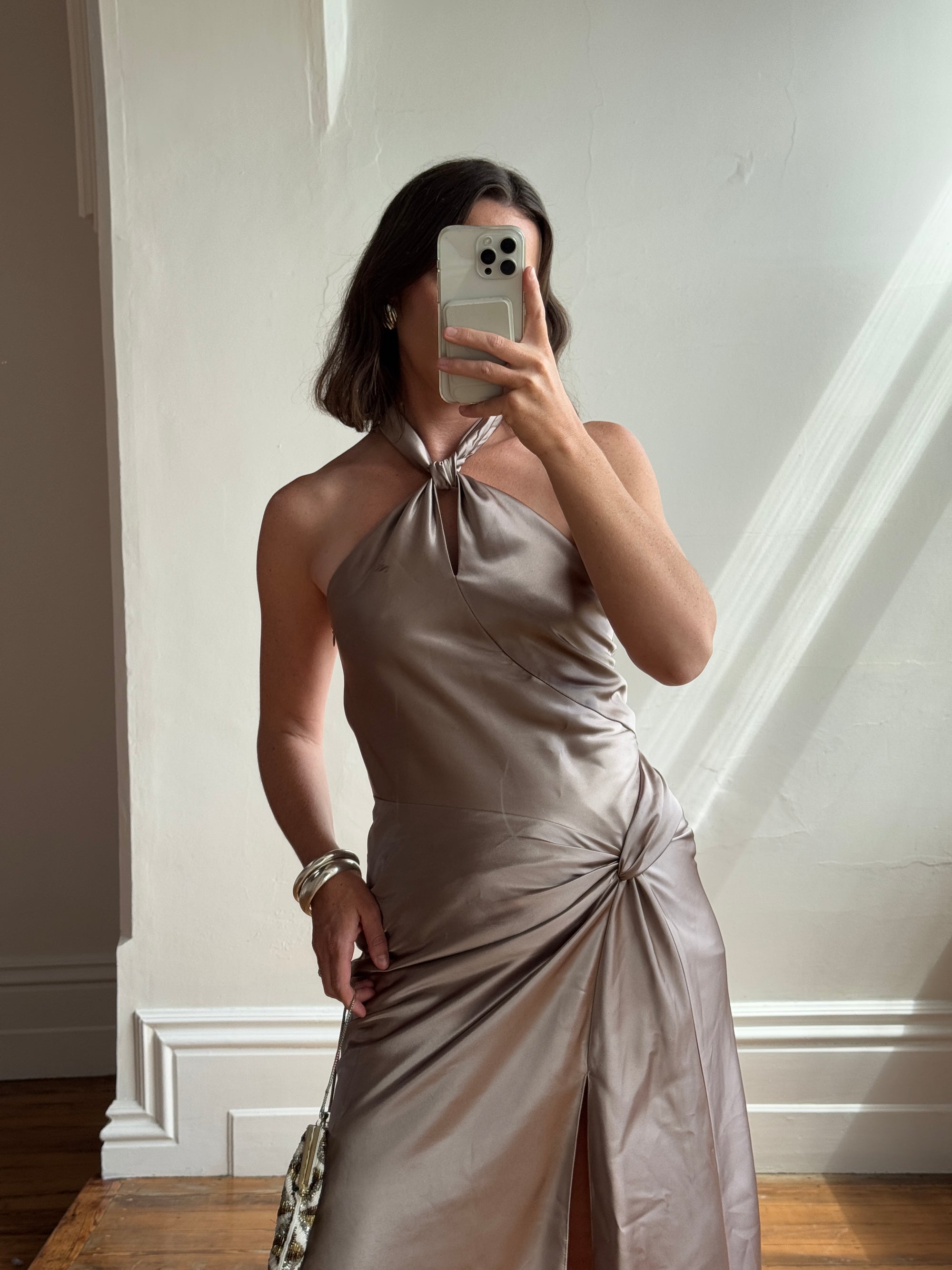 Vintage 90s Australian Made Bronze Satin Party Dress