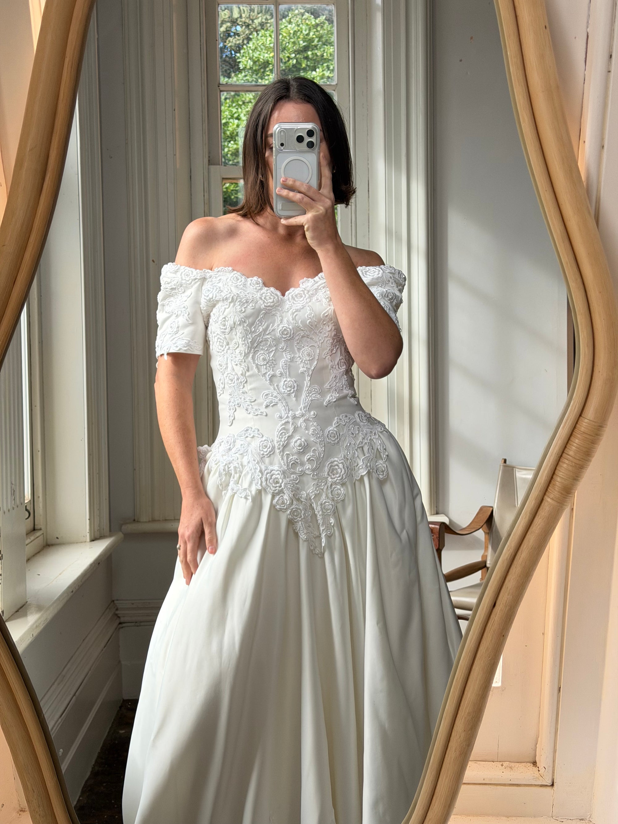 Vintage 90s Embellished Off Shoulder Satin Wedding Gown