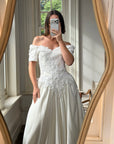Vintage 90s Embellished Off Shoulder Satin Wedding Gown