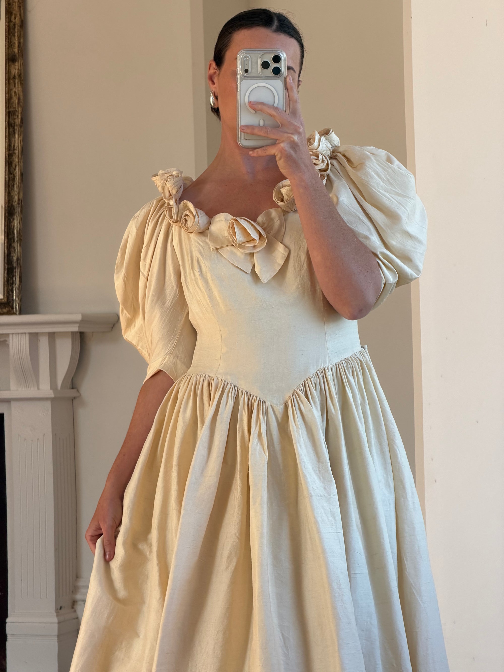 Vintage 90s Silk Dupion Rosette Bridal Midi Gown