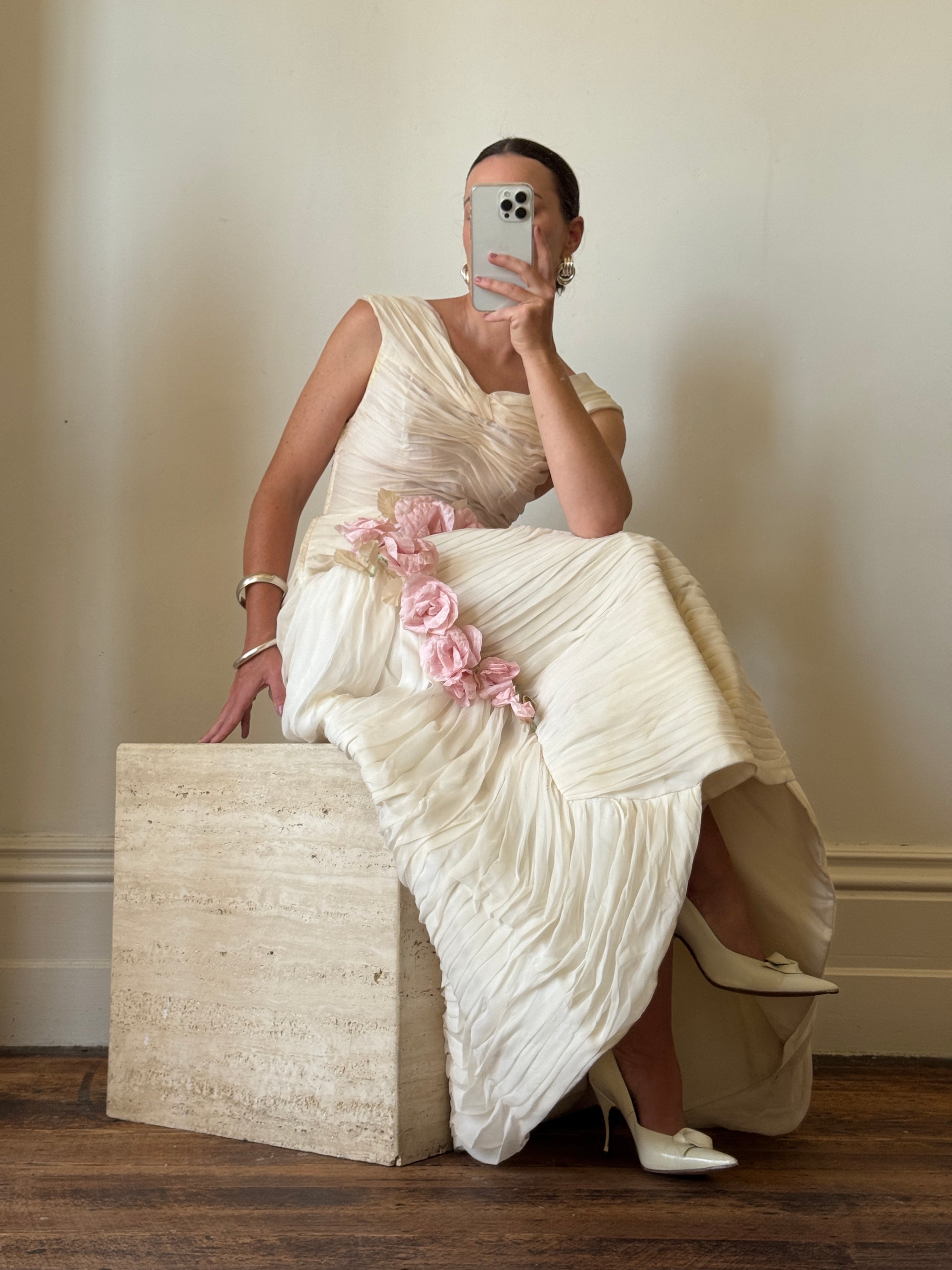 Vintage 60s Silk Pleated Wedding Gown with Pink Flowers