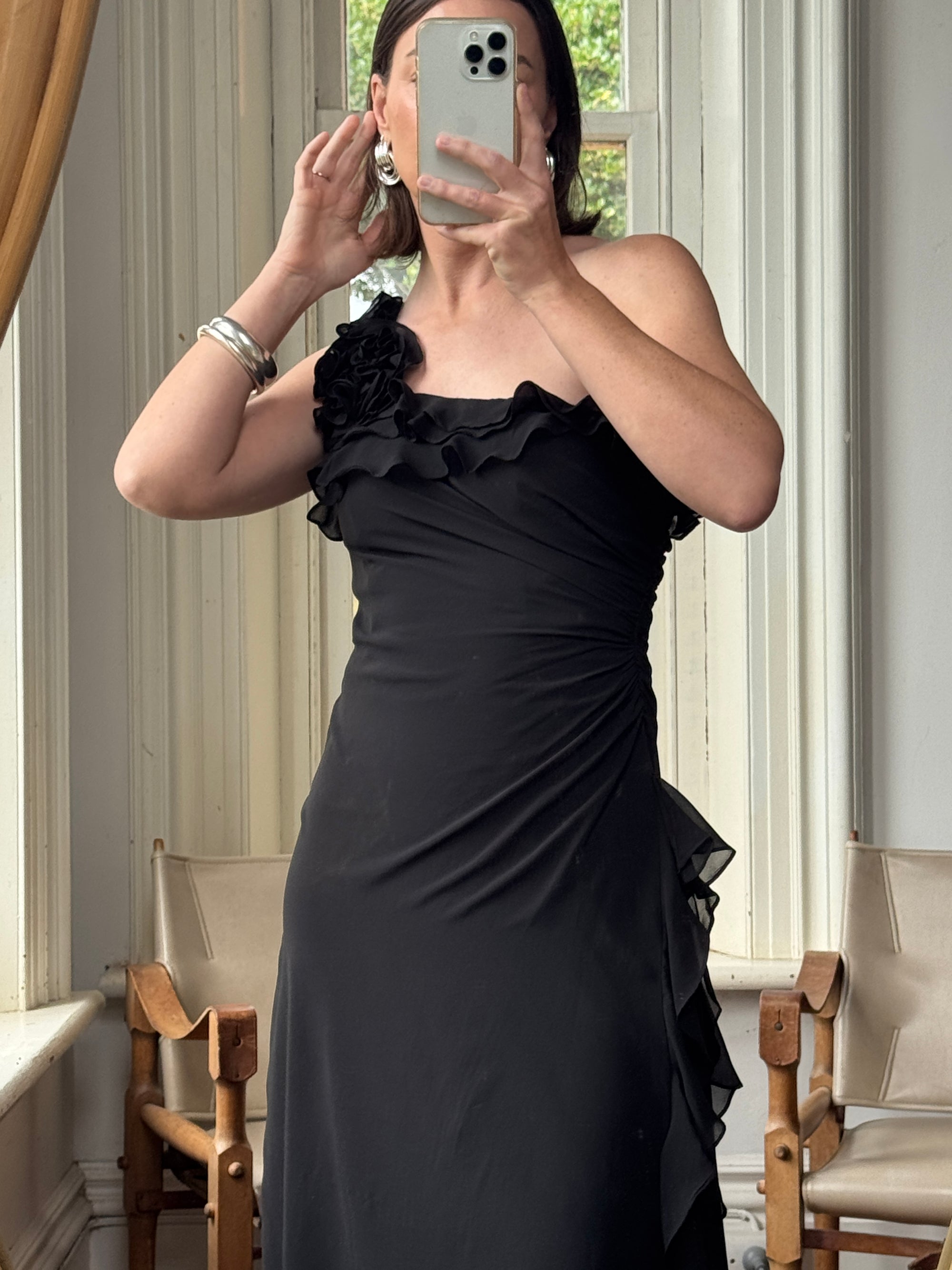 Vintage 90s One Shoulder Ruffle Jersey Dress Noir