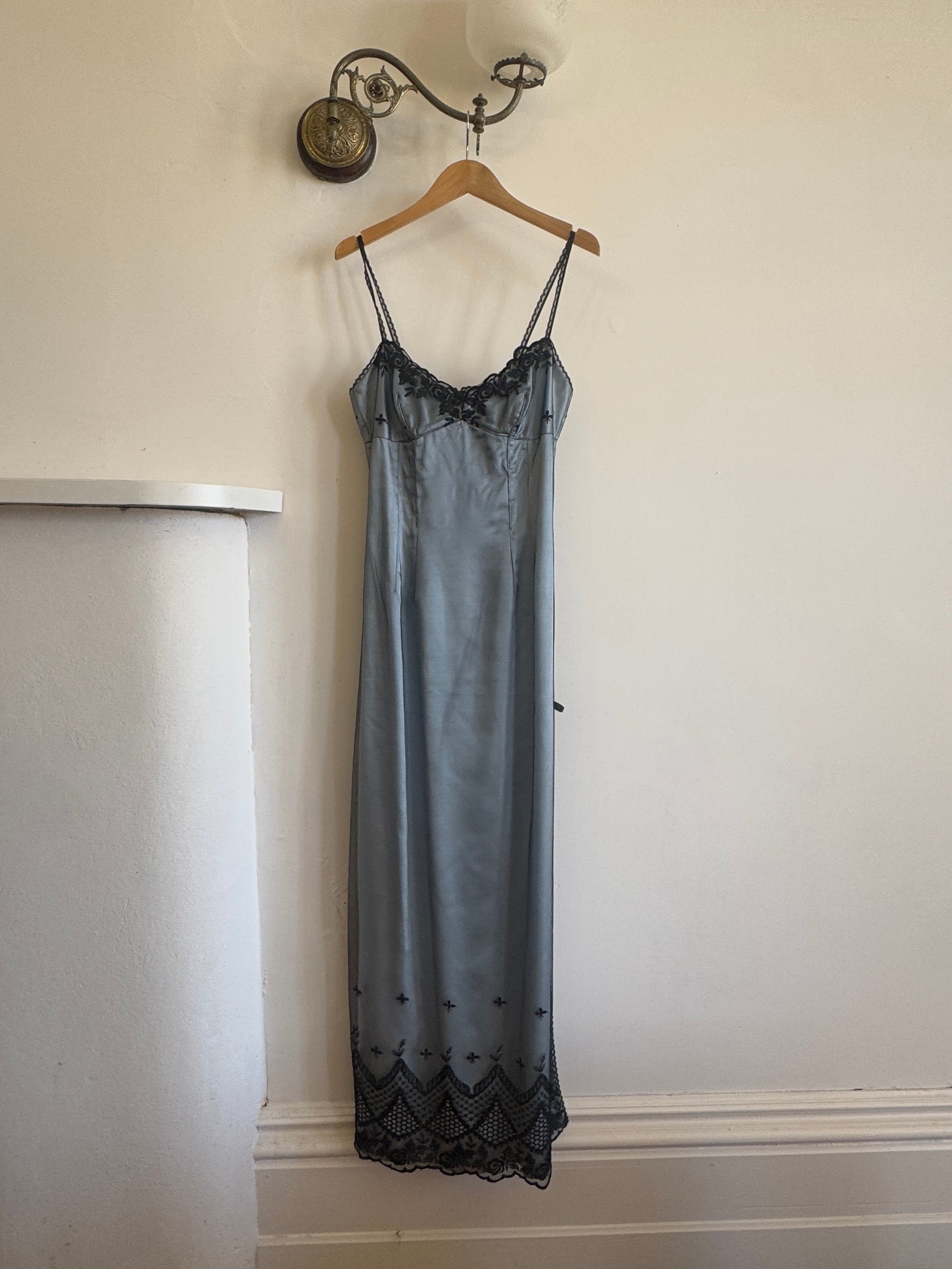 Vintage 90s Mesh Strappy Slip Dress Blue Satin Noir