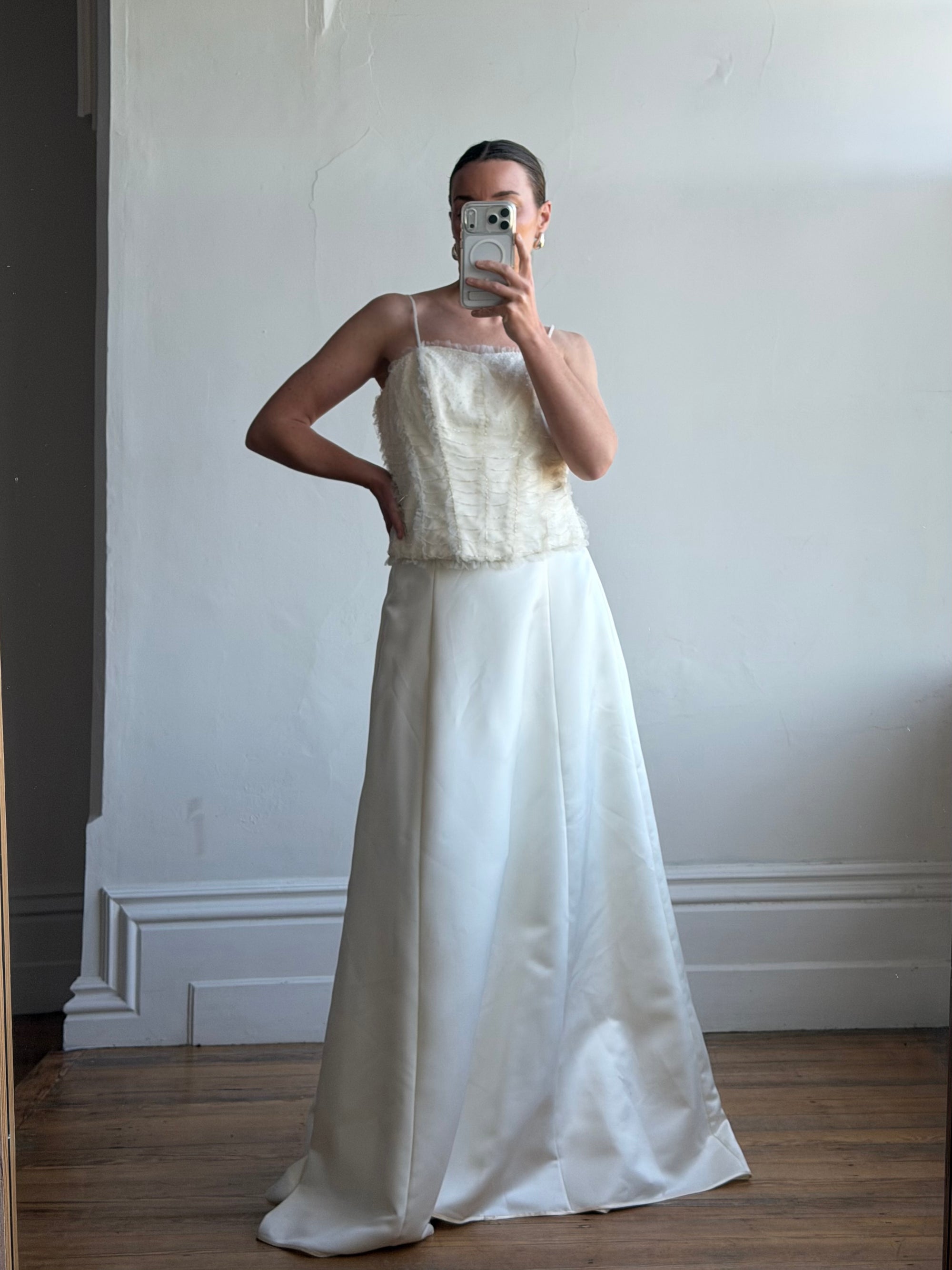 Vintage 90s Italian Bridal Fairy Tulle Embroidered Bustier and Satin Skirt