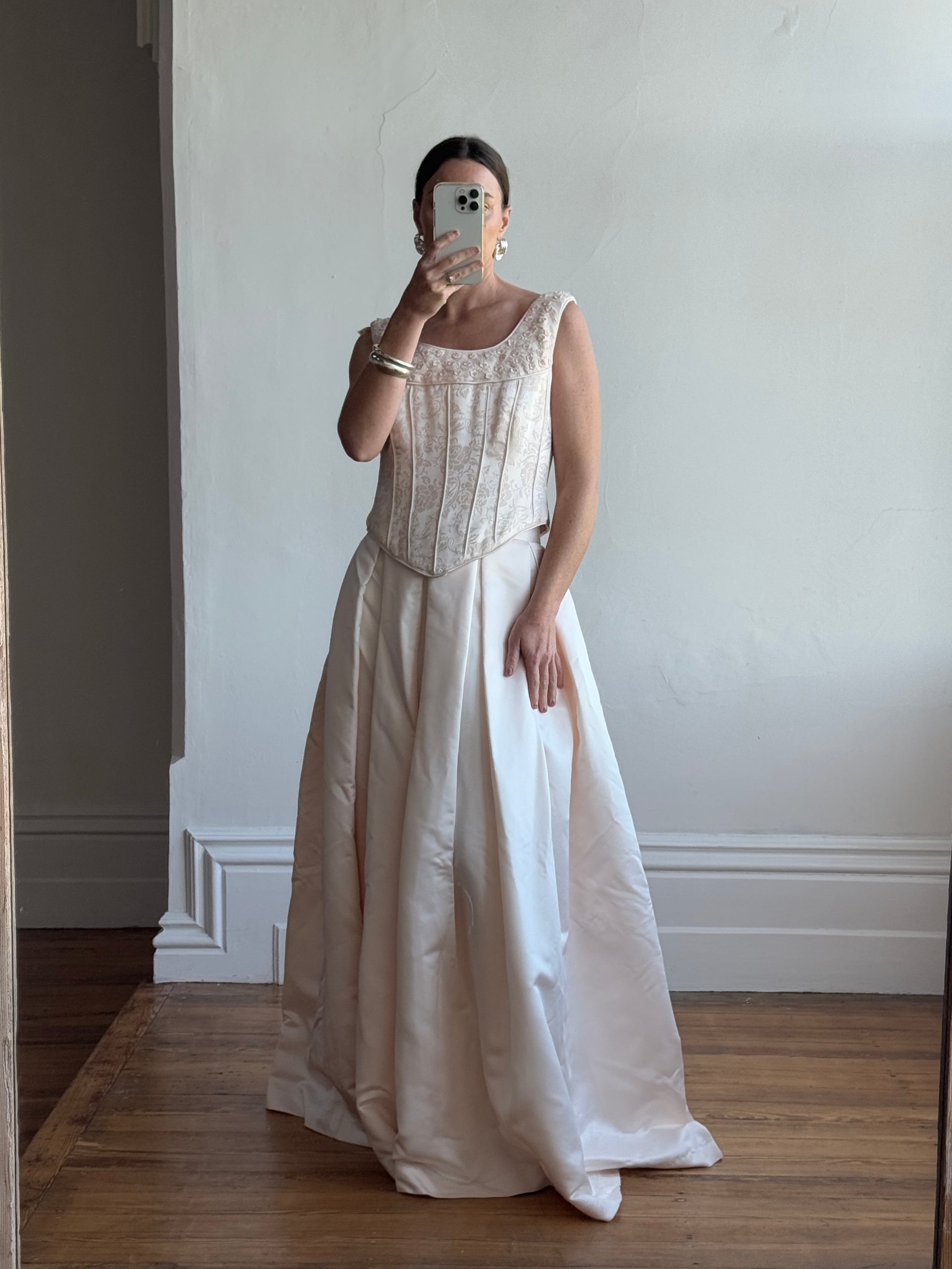 Vintage 90s Pale Pink Beaded Bridal Corset and Satin Princess Skirt Set