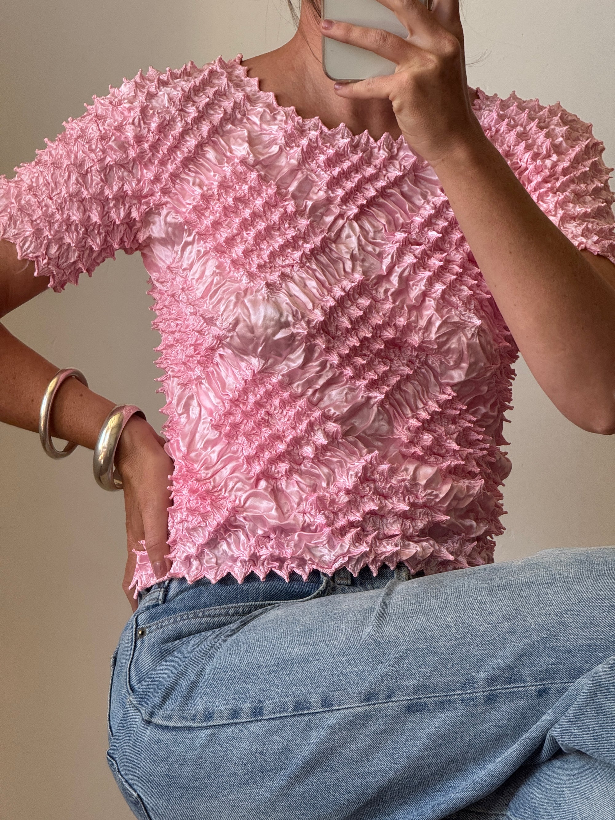 Vintages 90s Crinkle Stretch Top Candy Pink