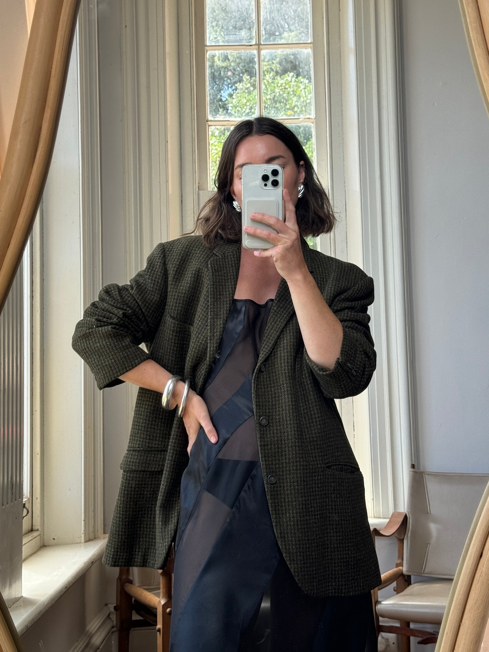 Vintage 50s Pure Wool Olive Herringbone Blazer