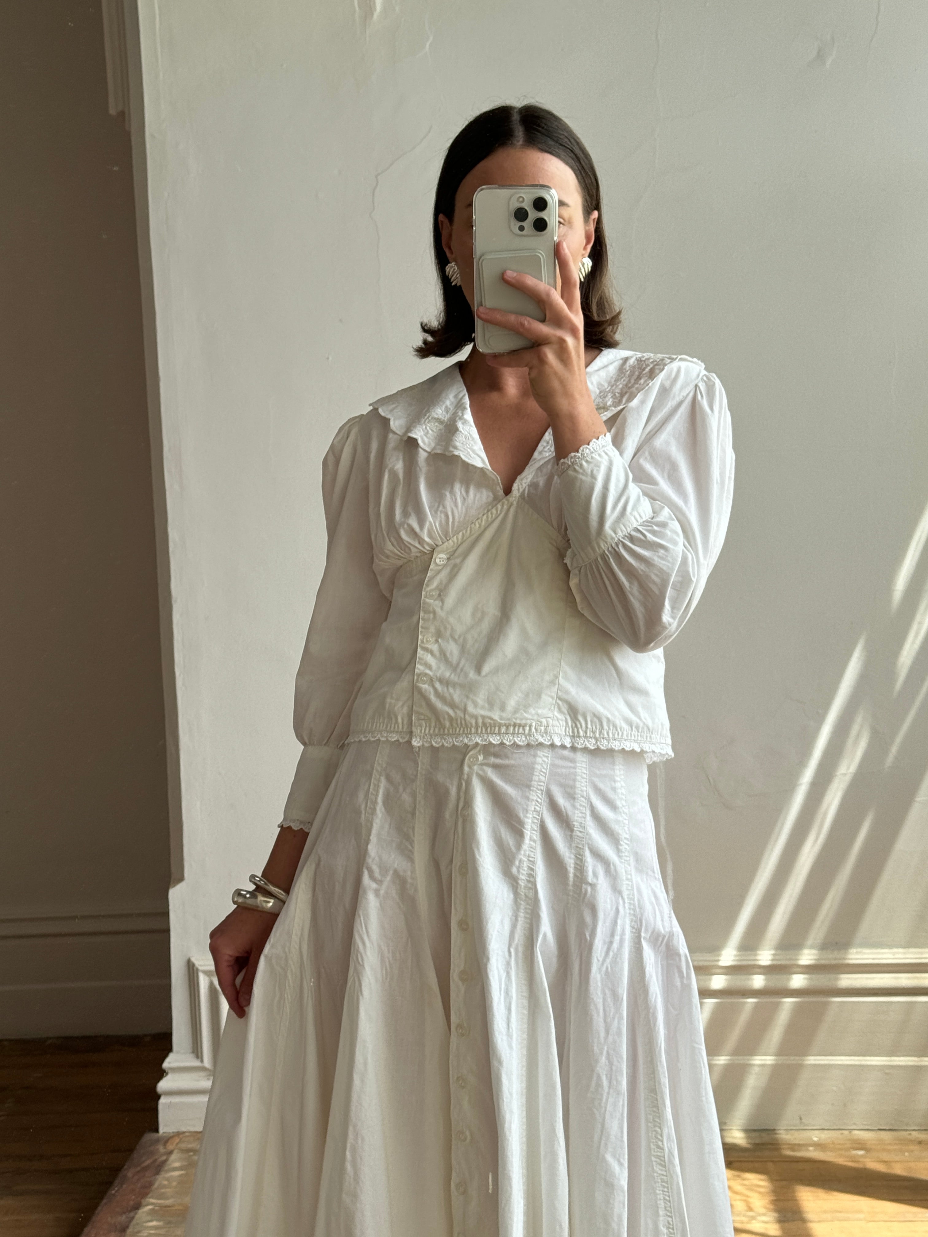 Vintage 80s Cotton Prairie Blouse and A Line Skirt Set